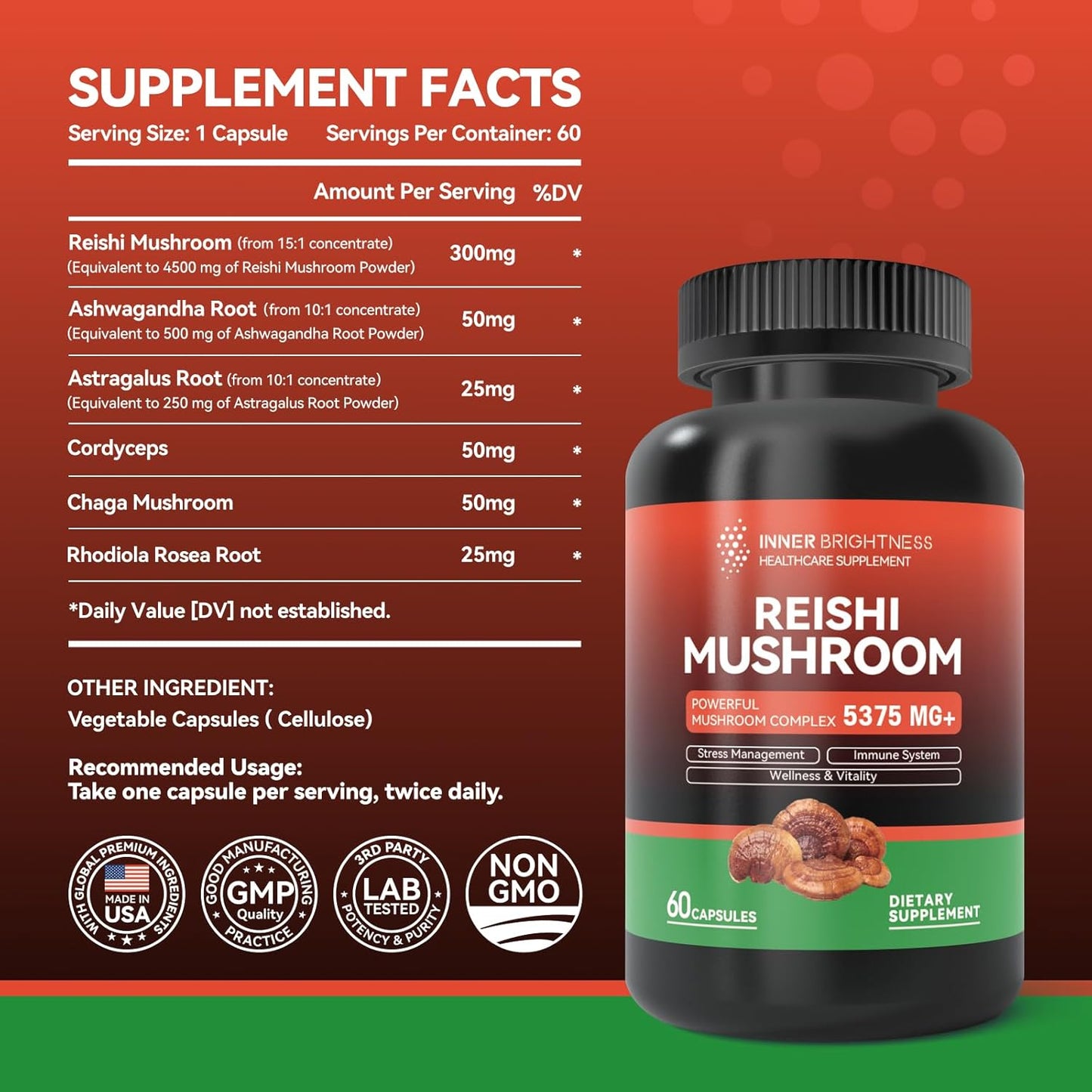 Reishi Mushroom Supplement, 60 Capsules, 1 Pack