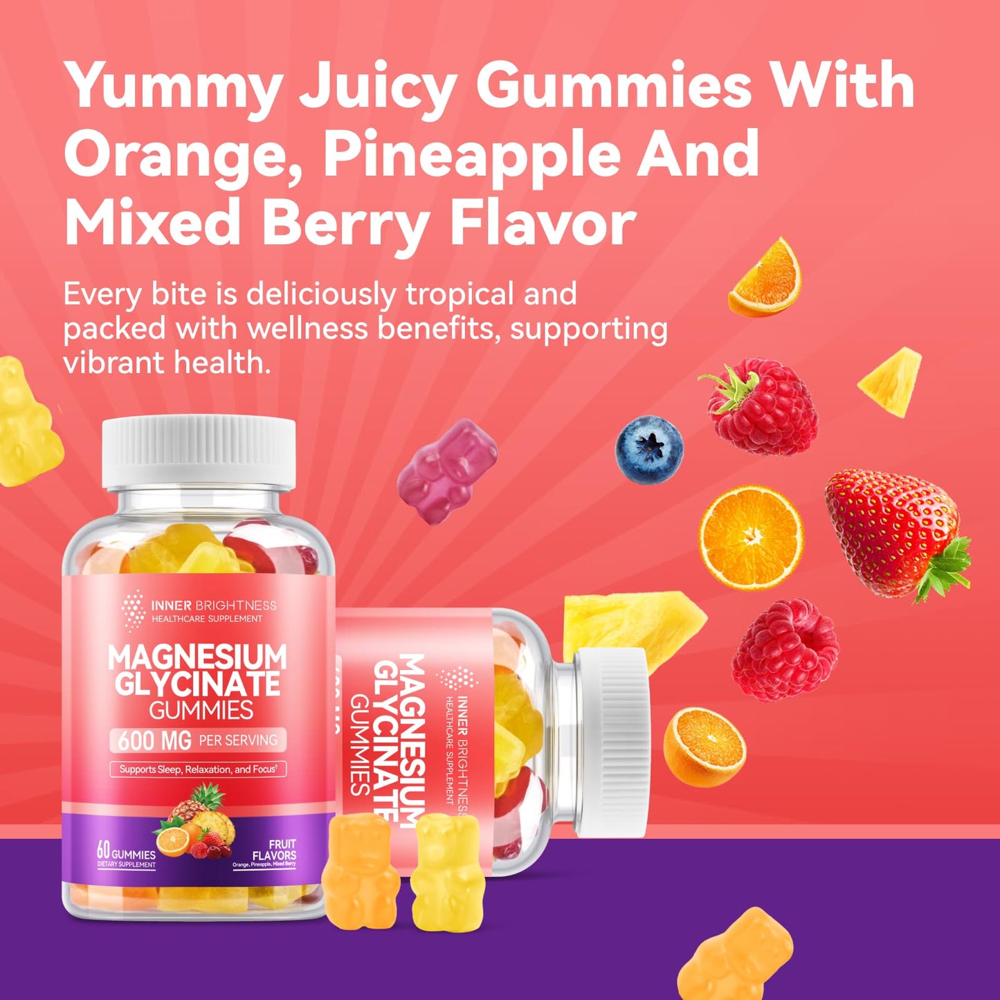Magnesium Glycinate Gummies 600mg, 3 in 1 Flavor, 60 Count