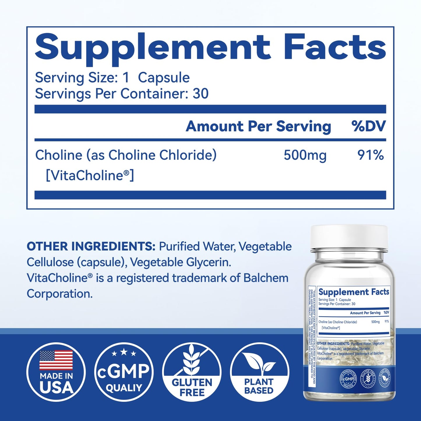 Prenatal Choline Supplements, 500mg Pure VitaCholine®, 30 Day Supply