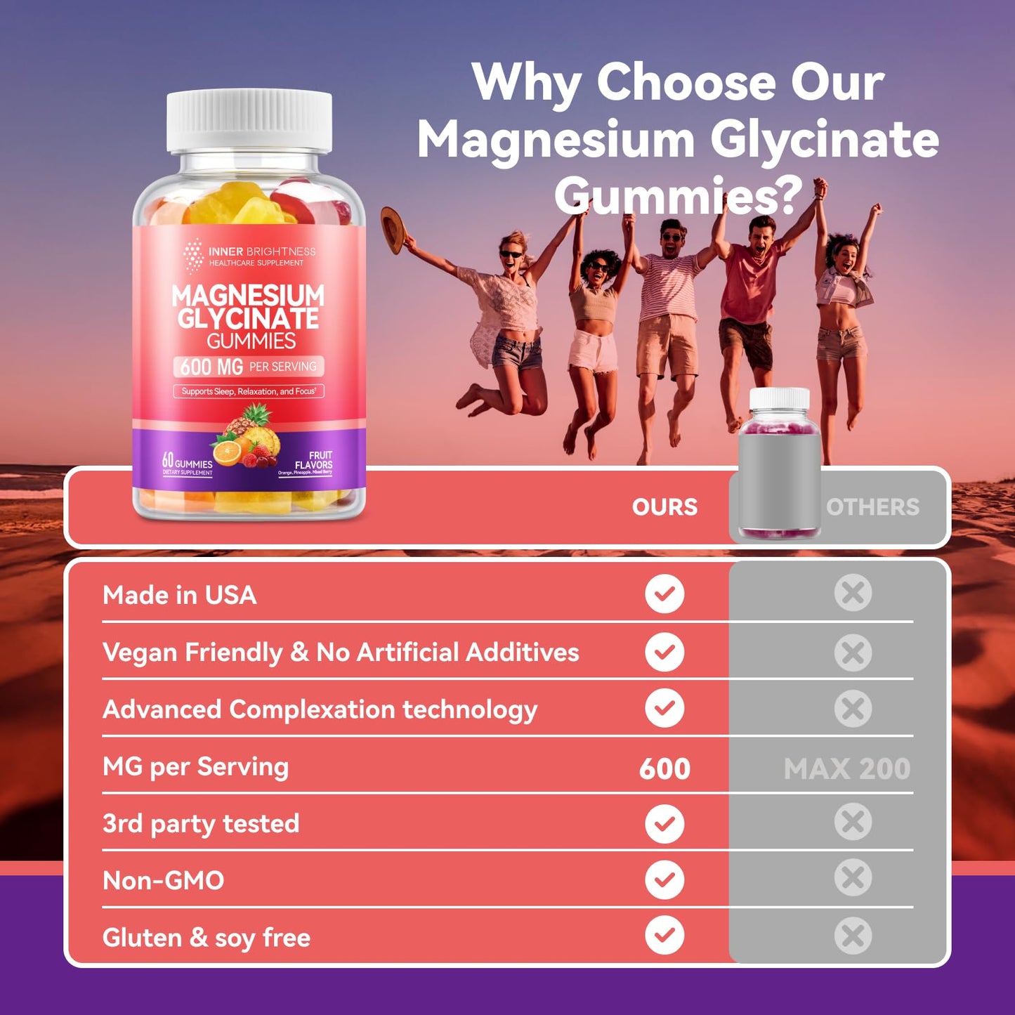Magnesium Glycinate Gummies 600mg, 3 in 1 Flavor, 60 Count