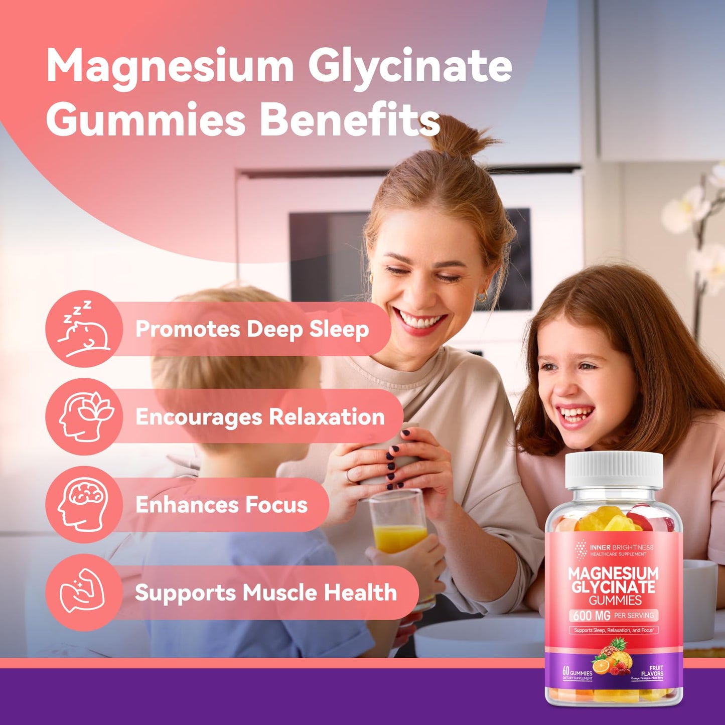 Magnesium Glycinate Gummies 600mg, 3 in 1 Flavor, 60 Count
