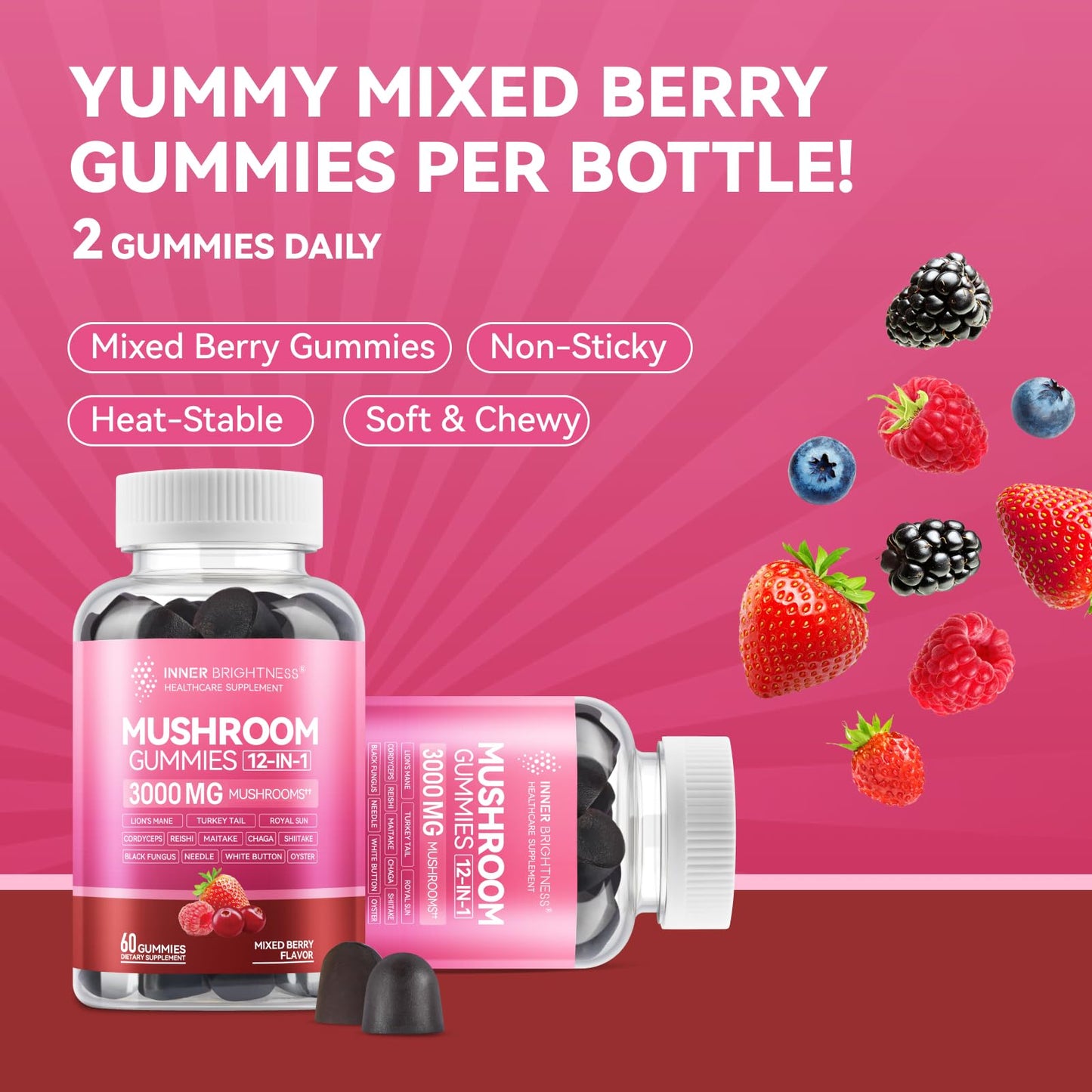 Mushroom Gummies for Adults 12-in-1, Mixed Berry Flavor, 60ct