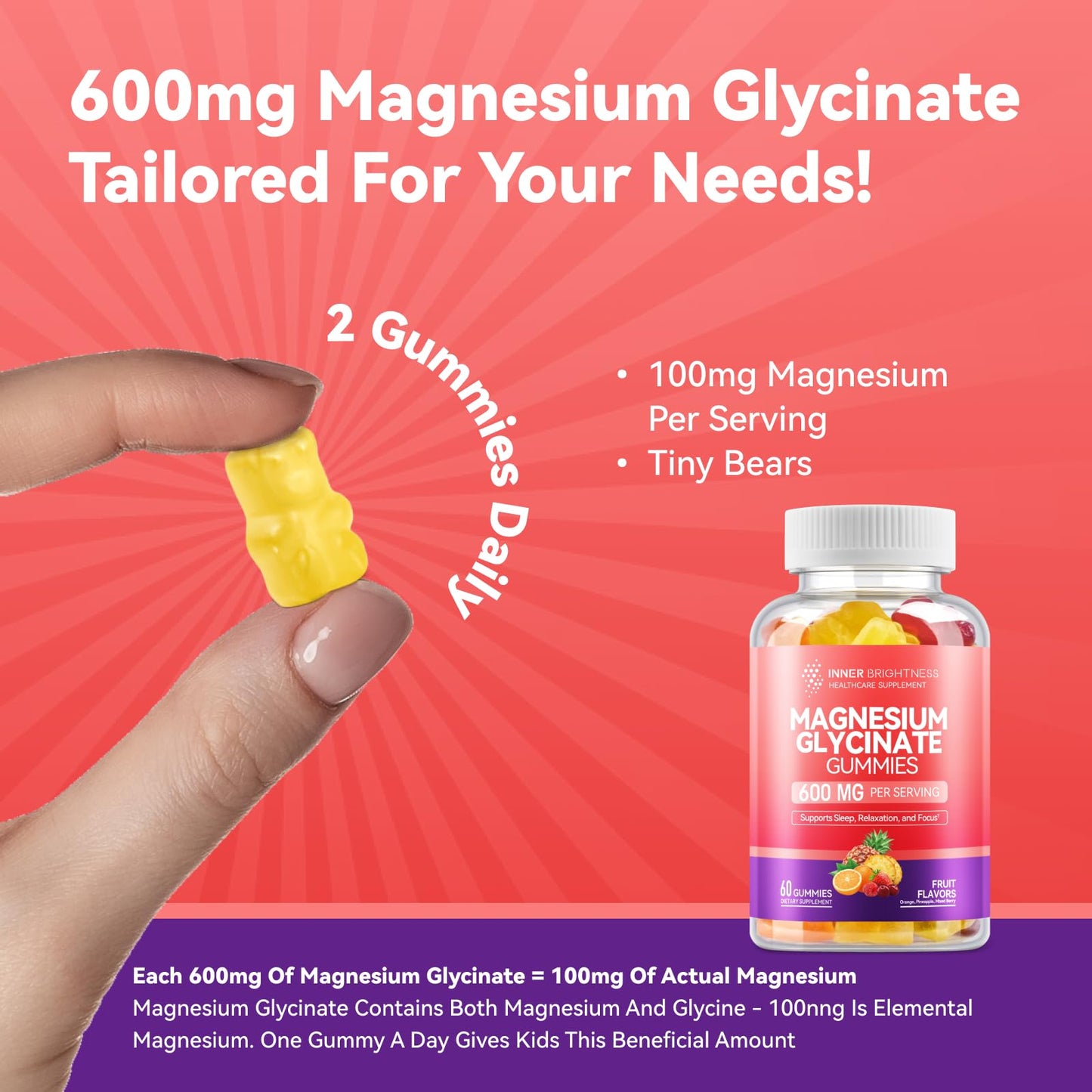 Magnesium Glycinate Gummies 600mg, 3 in 1 Flavor, 60 Count