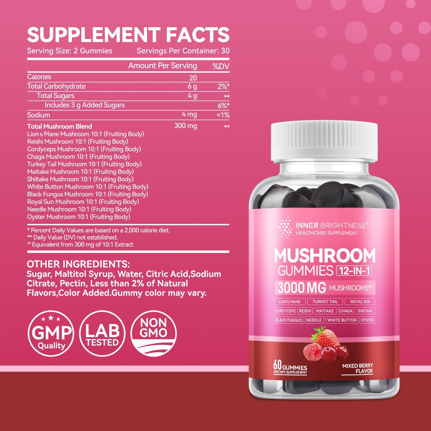 Mushroom Gummies for Adults 12-in-1, Mixed Berry Flavor, 60ct
