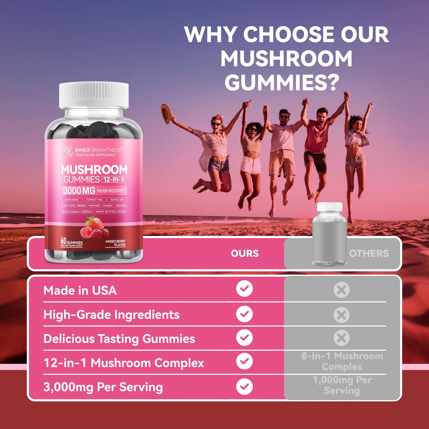 Mushroom Gummies for Adults 12-in-1, Mixed Berry Flavor, 60ct