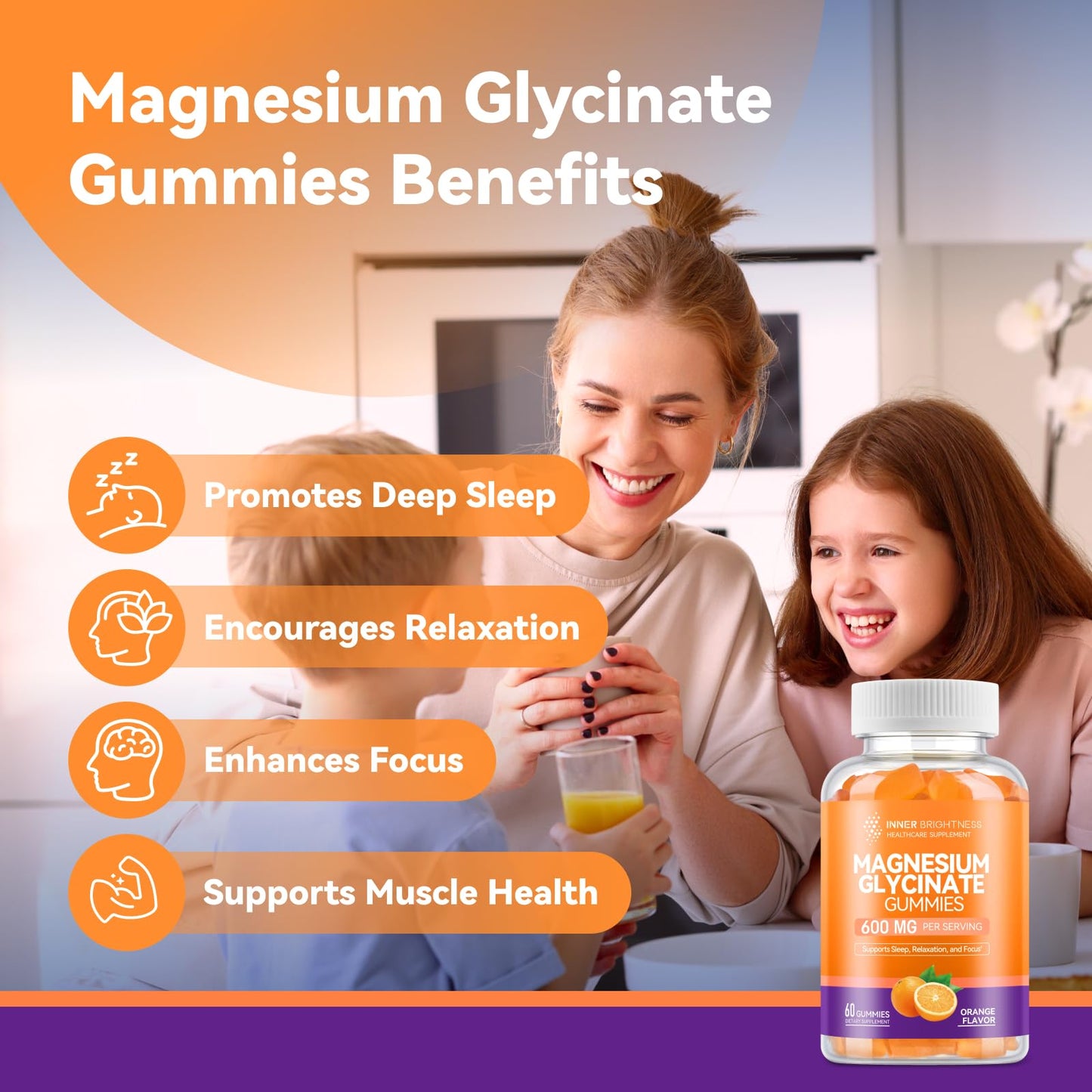 Magnesium Glycinate Gummies, 60 Capsules, 1 Pack, Orange Flavor