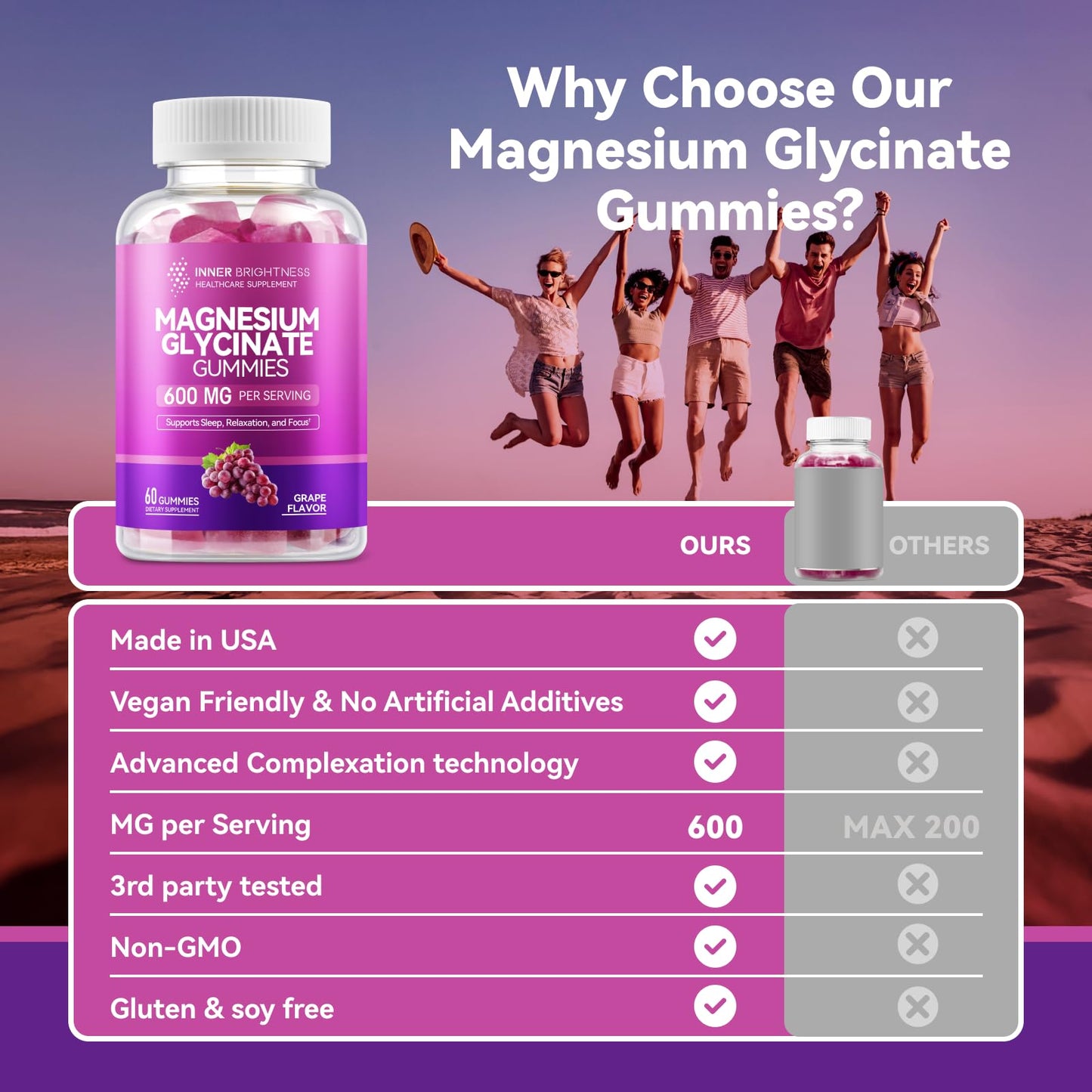 Magnesium Glycinate Gummies 600mg, 60 Capsules, 1 Pack, Grape Flavor