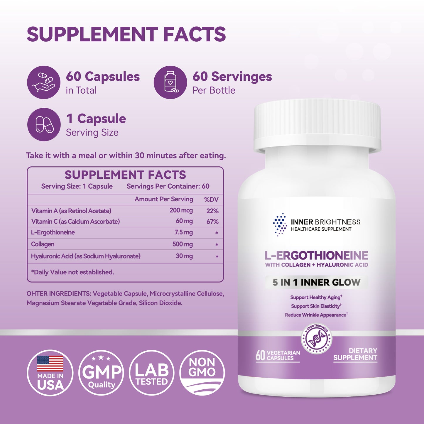 L-Ergothioneine Supplements with Hyaluronic Acid & Collagen for Women, 60ct