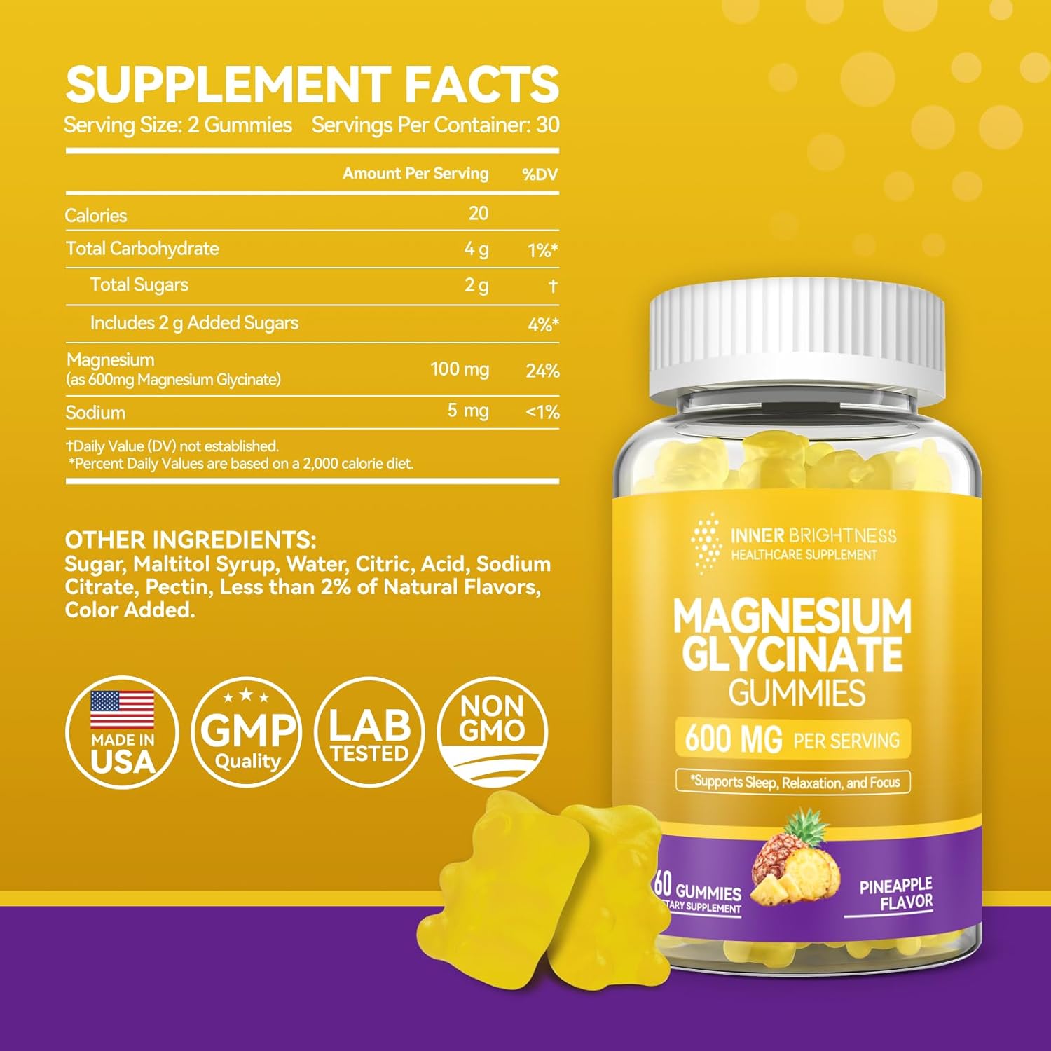 Magnesium Glycinate Gummies, 60 Capsules, Pineapple Flavor