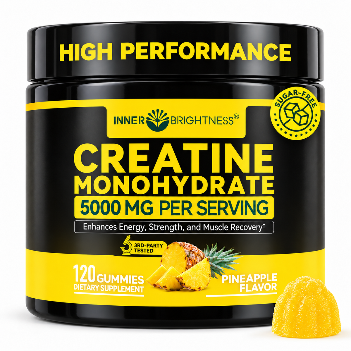 Inner Brightness Creatine Monohydrate Gummies 5000 mg for Men and Women, Pineapple Flavor, Muscle Growth, Strength and Energy Support, Sugar Free, Vegan, 3rd Party Tested, 120 Count