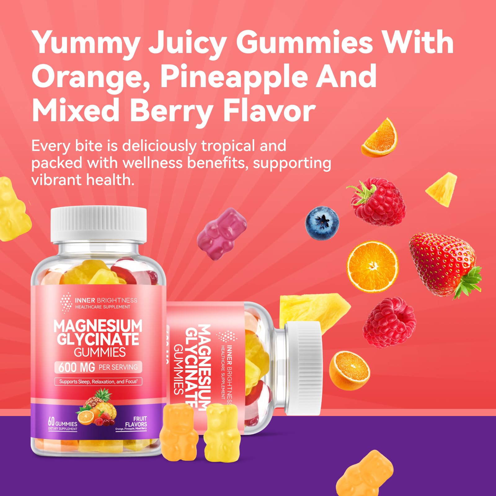 Magnesium Glycinate Gummies 600mg,  Four flavors, 60 Count