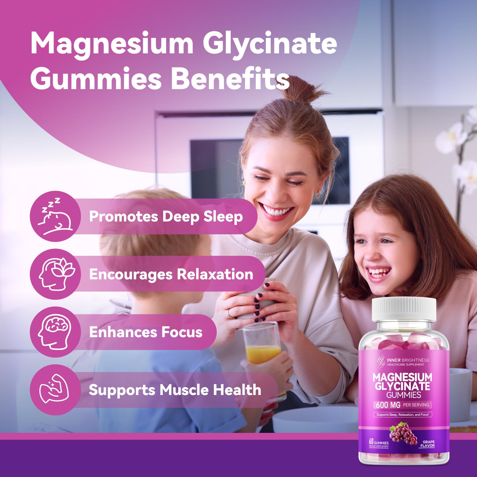 Magnesium Glycinate Gummies 600mg, 60 Capsules,  Grape Flavor