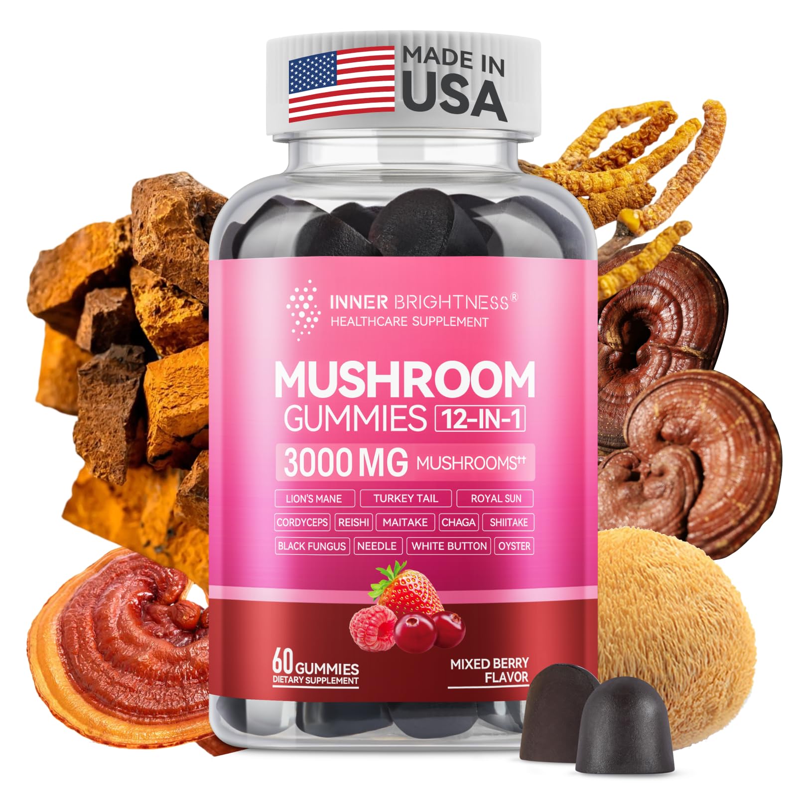 Mushroom Gummies for Adults 12-in-1,  Mixed Berry Flavor, 60 Count