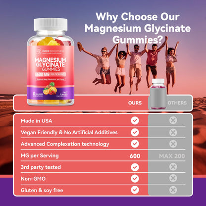 Magnesium Glycinate Gummies 600mg,  3 in 1 Flavor, 60 Count