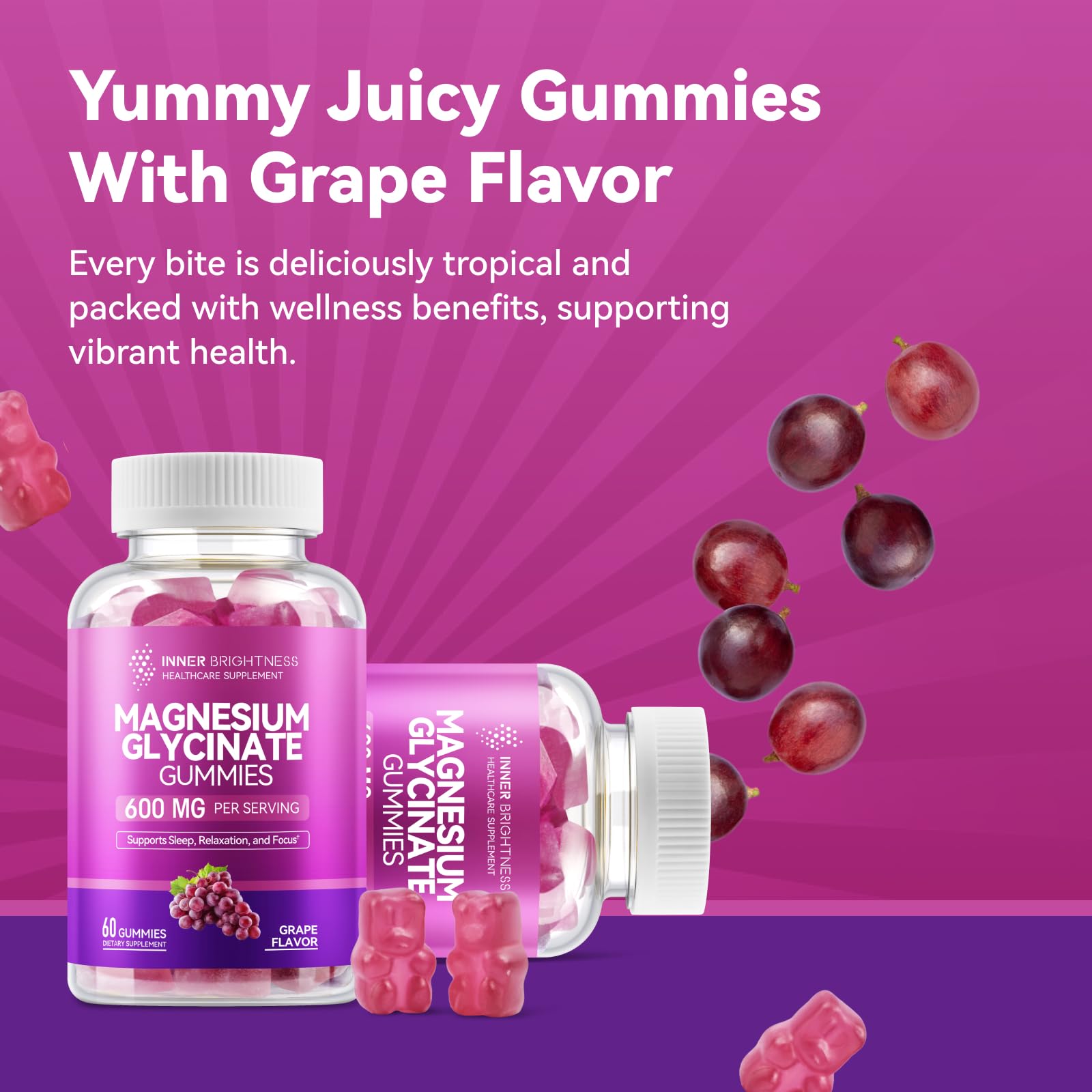 Magnesium Glycinate Gummies 600mg, 60 Capsules,  Grape Flavor