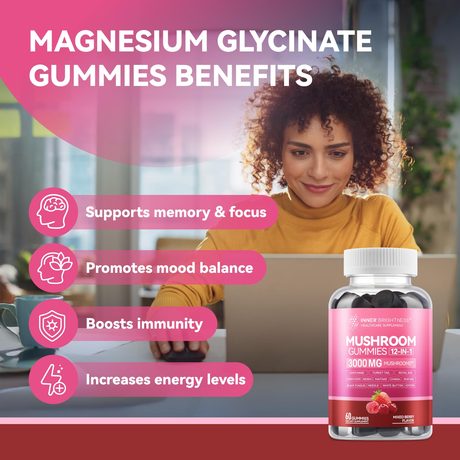 Mushroom Gummies for Adults 12-in-1,  Mixed Berry Flavor, 60 Count