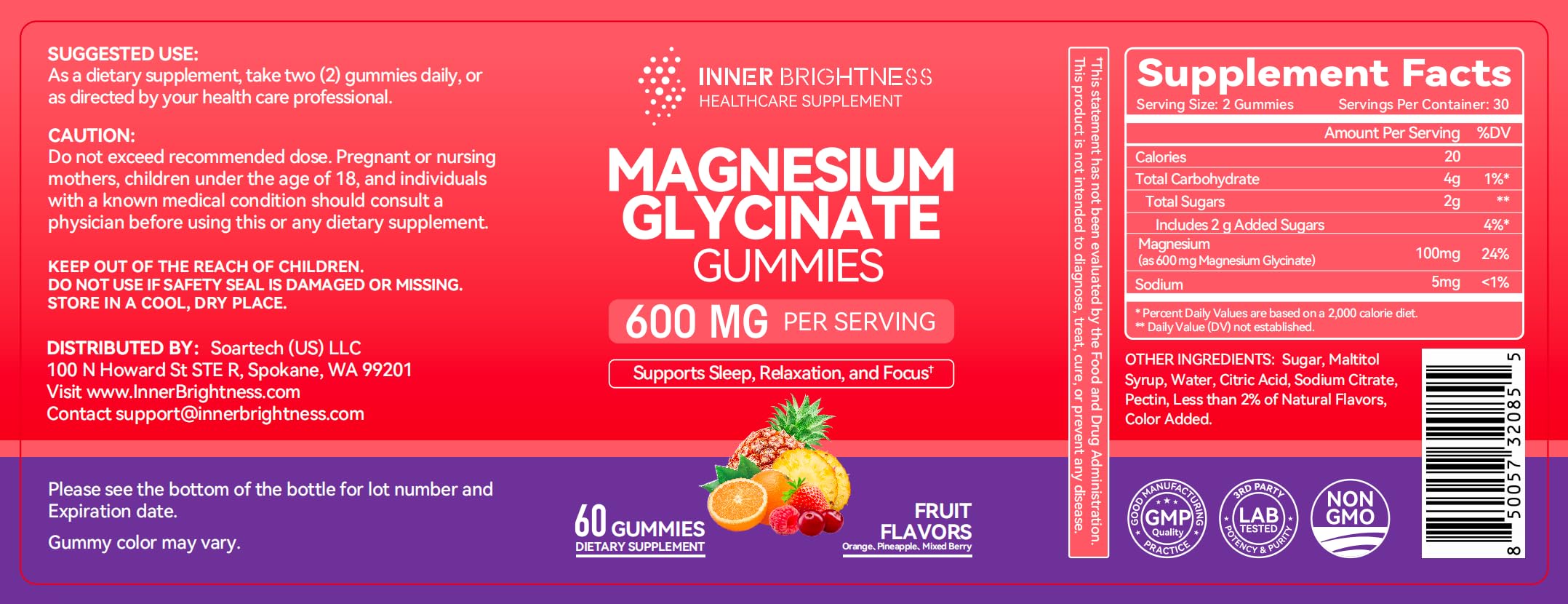 Magnesium Glycinate Gummies 600mg,  Four flavors, 60 Count