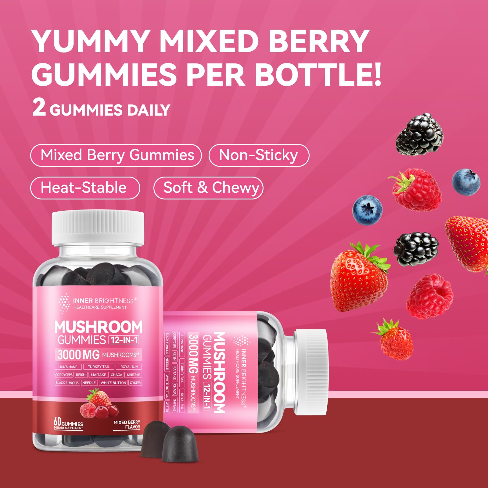 Mushroom Gummies for Adults 12-in-1,  Mixed Berry Flavor, 60 Count