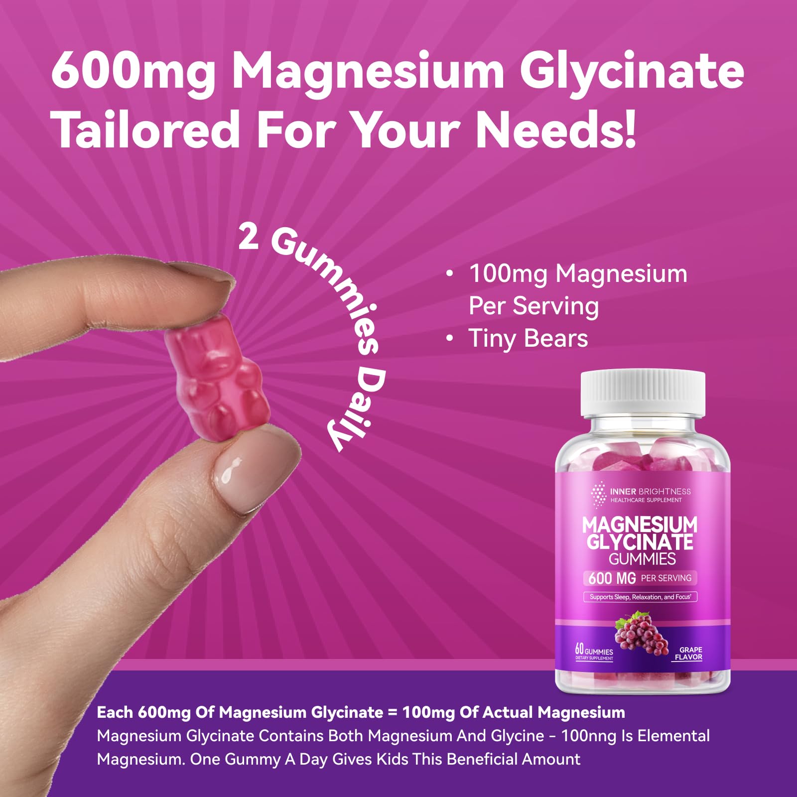 Magnesium Glycinate Gummies 600mg, 60 Capsules,  Grape Flavor