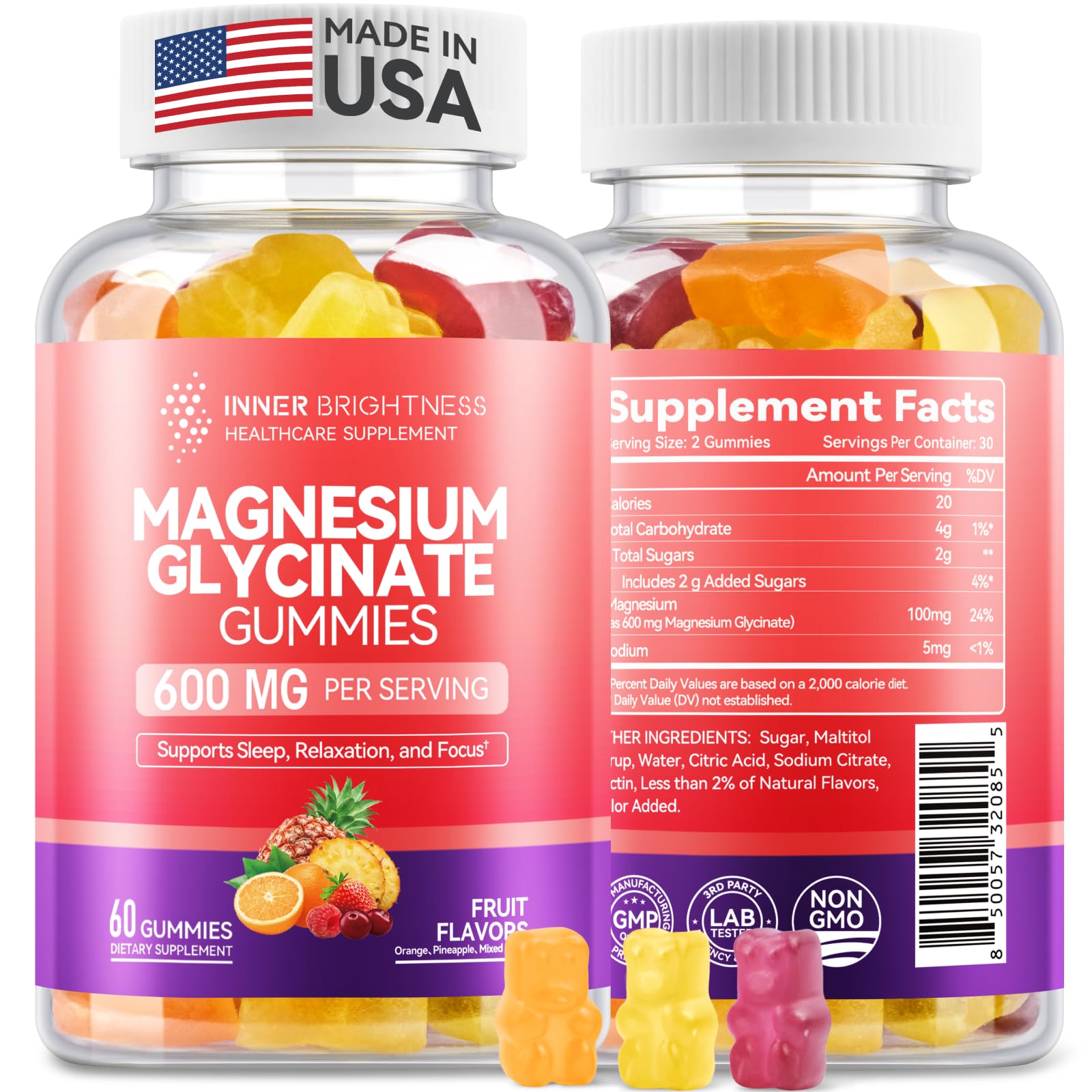 Magnesium Glycinate Gummies 600mg,  Four flavors, 60 Count