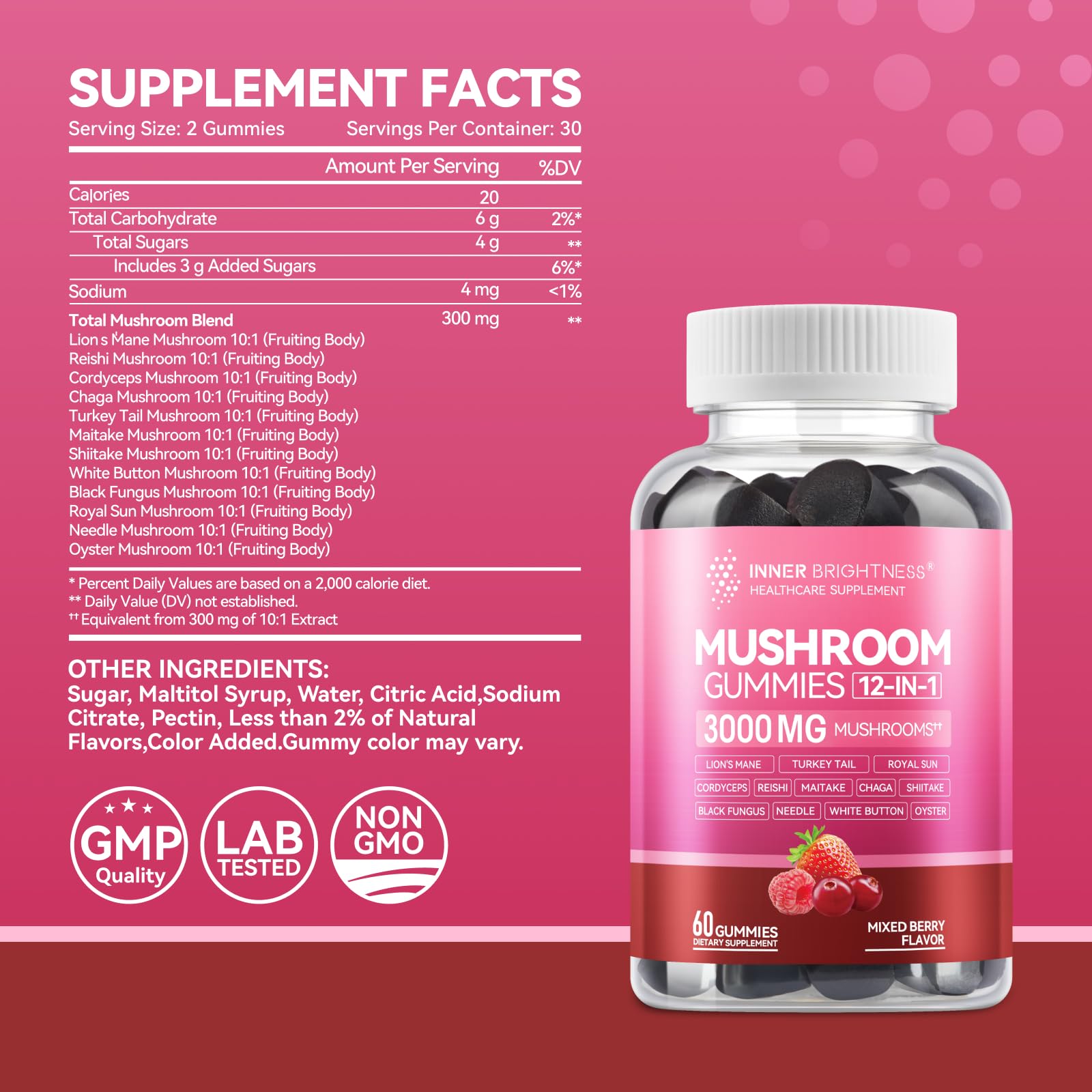 Mushroom Gummies for Adults 12-in-1,  Mixed Berry Flavor, 60 Count