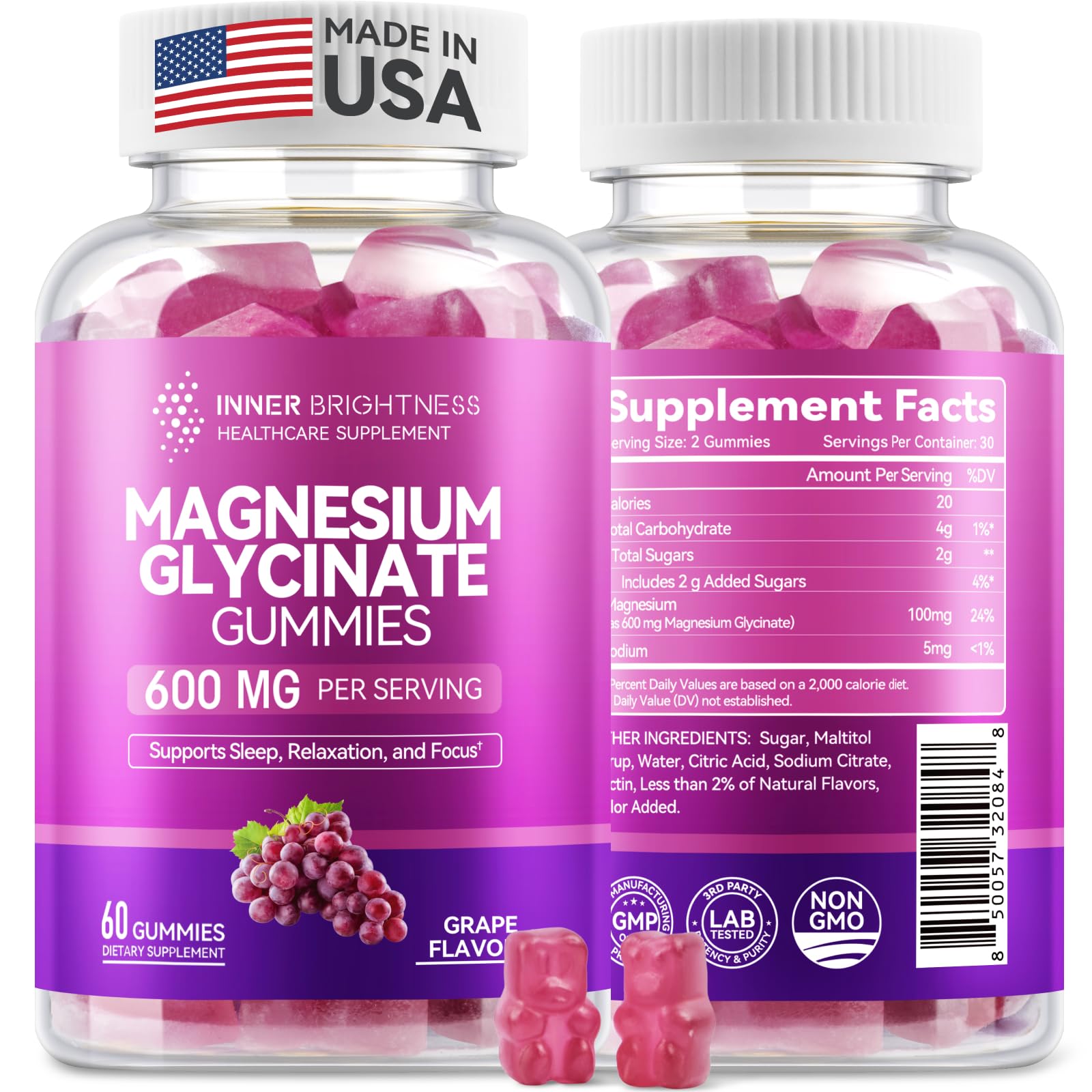 Magnesium Glycinate Gummies 600mg,  Four flavors, 60 Count