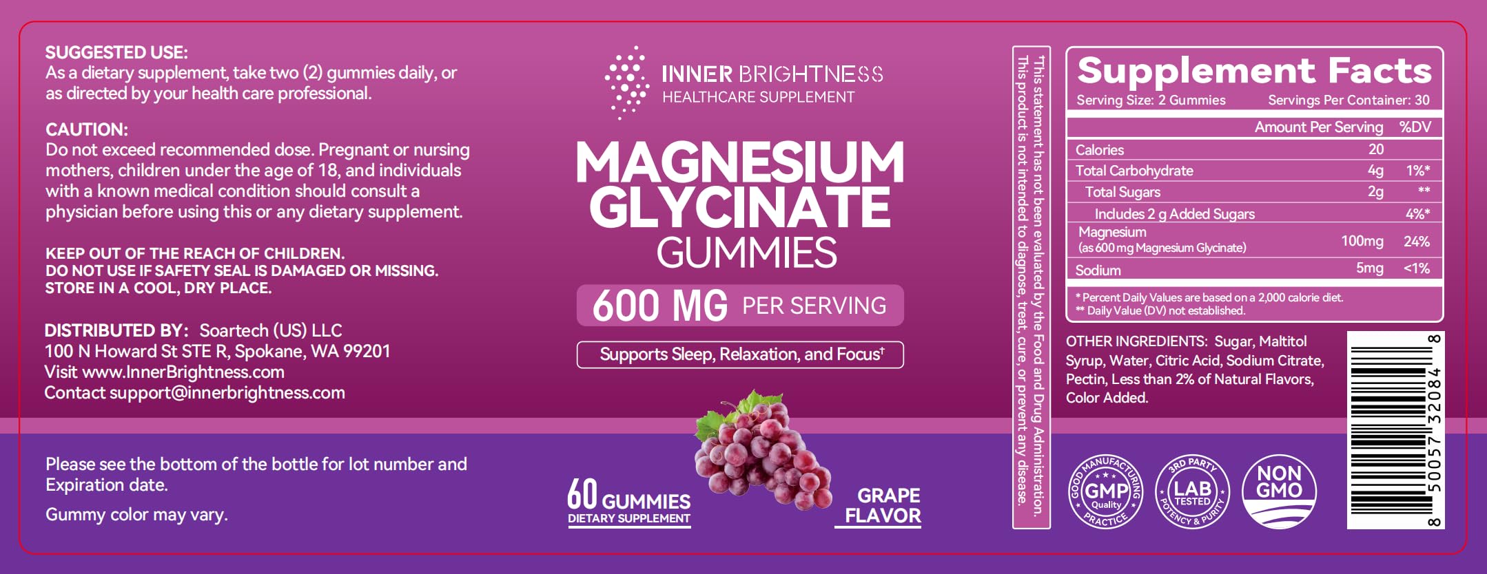 Magnesium Glycinate Gummies 600mg, 60 Capsules,  Grape Flavor
