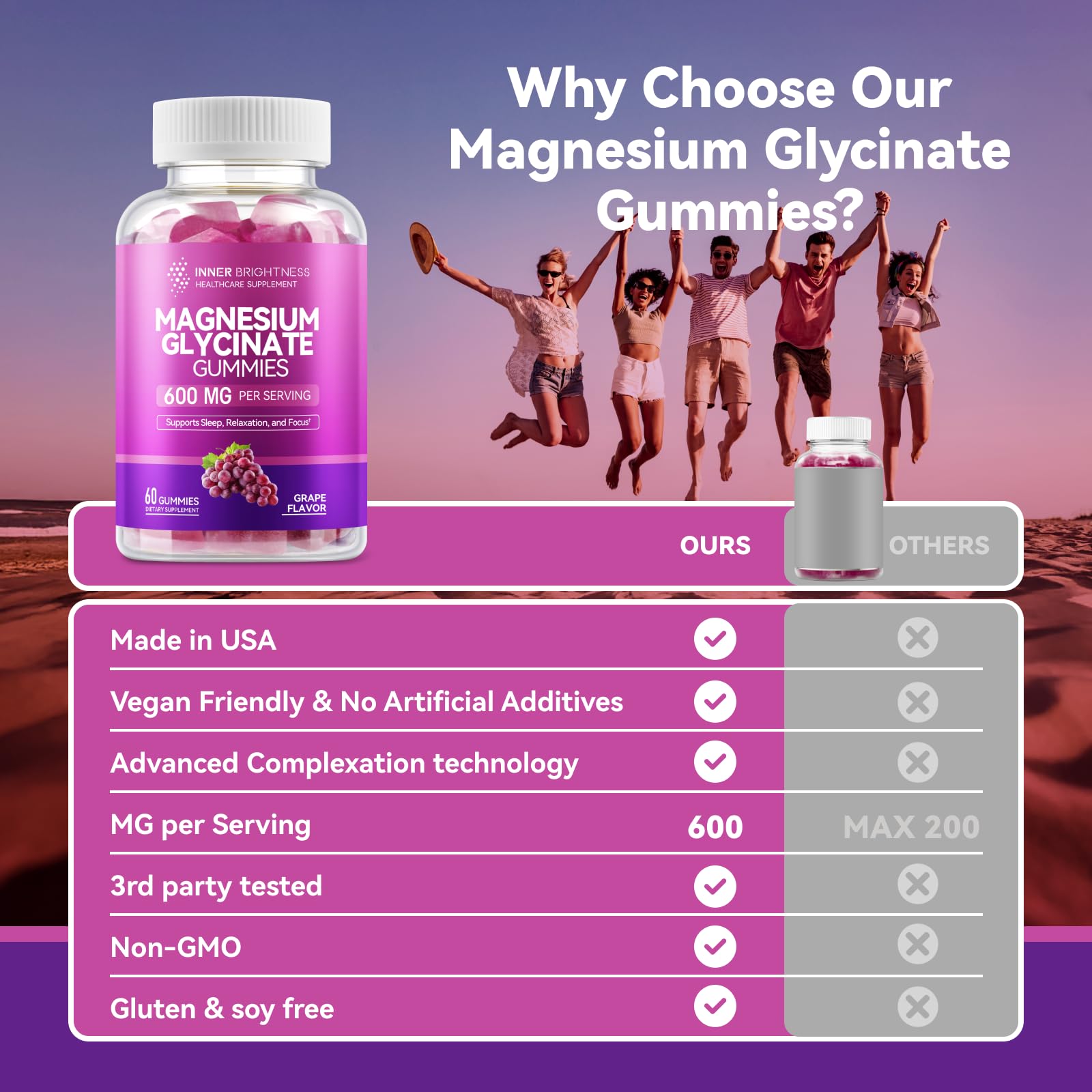 Magnesium Glycinate Gummies 600mg, 60 Capsules,  Grape Flavor