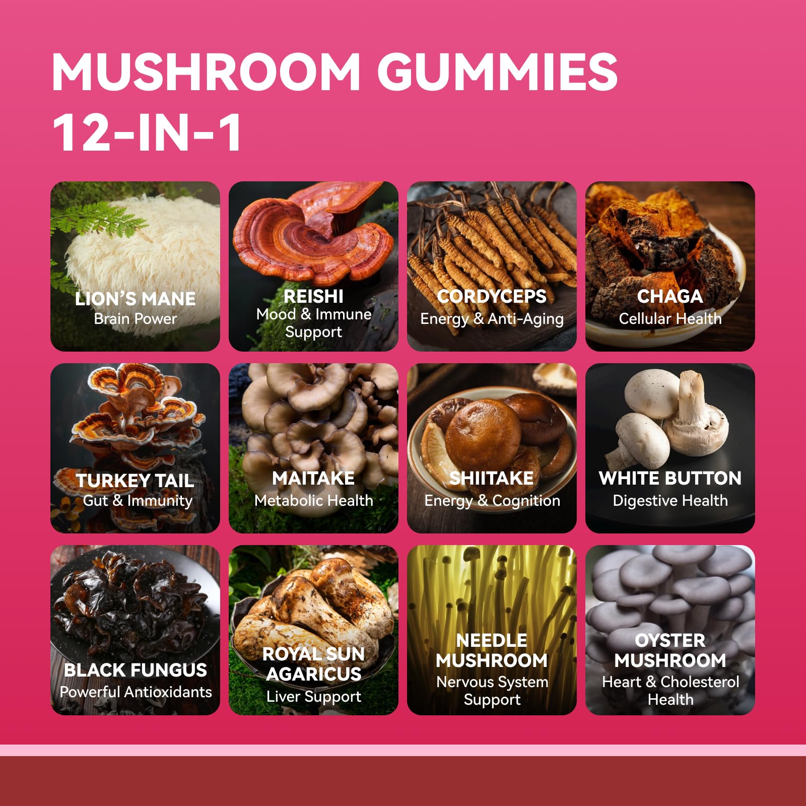 Mushroom Gummies for Adults 12-in-1,  Mixed Berry Flavor, 60 Count