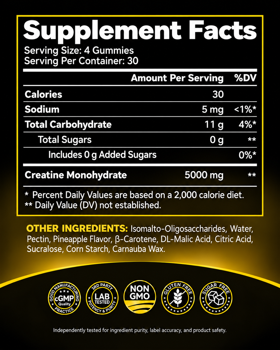 Inner Brightness Creatine Monohydrate Gummies 5000 mg for Men and Women, Pineapple Flavor, Muscle Growth, Strength and Energy Support, Sugar Free, Vegan, 3rd Party Tested, 120 Count