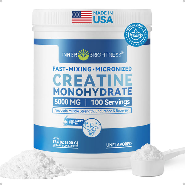 Inner Brightness Creatine Monohydrate Powder - 600-Mesh Micronized Creatine Supplement, 3rd Party Tested, Gentle on Stomach for Muscle Growth & Strength, Unflavored, 100 Servings
