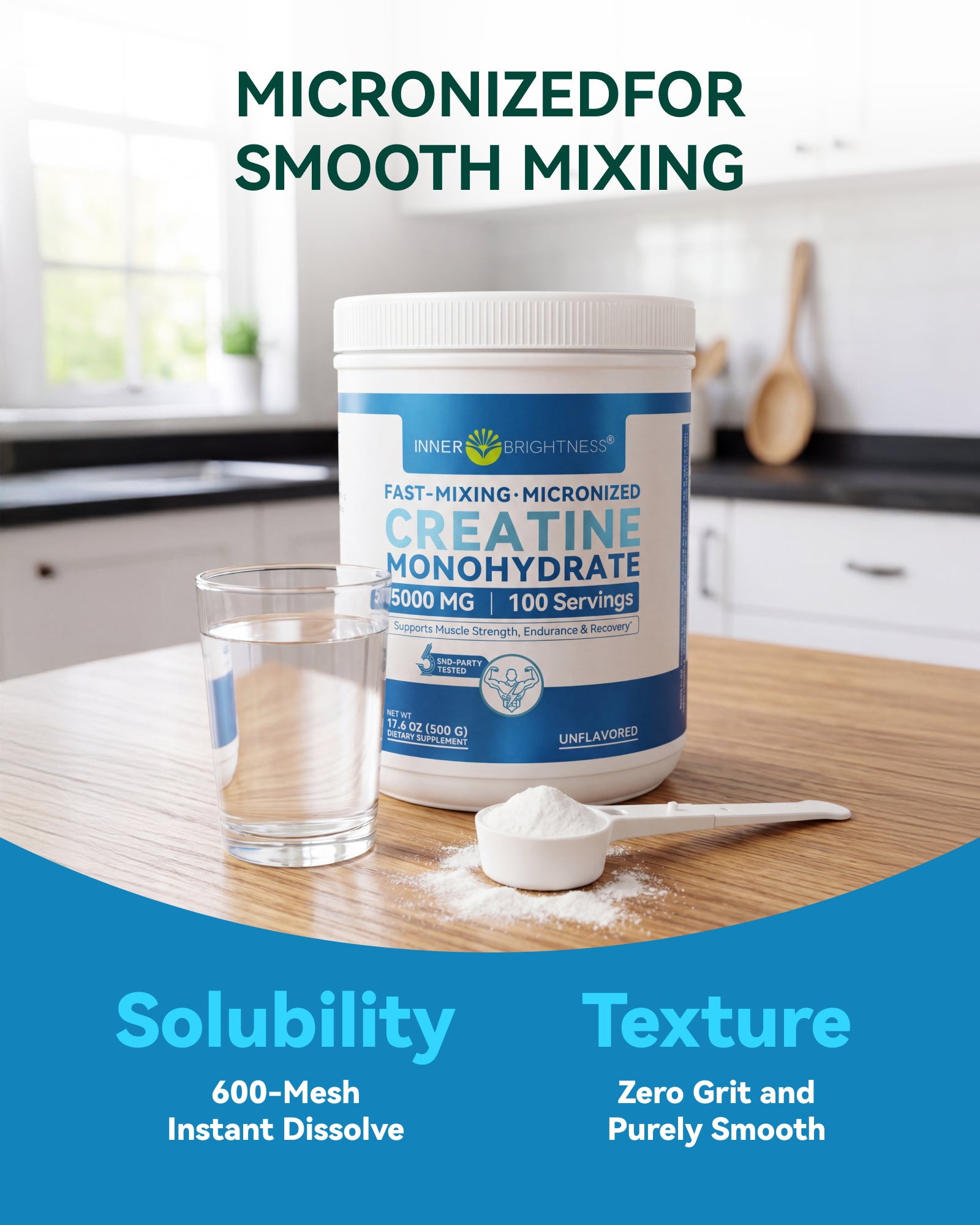 Inner Brightness Creatine Monohydrate Powder - 600-Mesh Micronized Creatine Supplement, 3rd Party Tested, Gentle on Stomach for Muscle Growth & Strength, Unflavored, 100 Servings