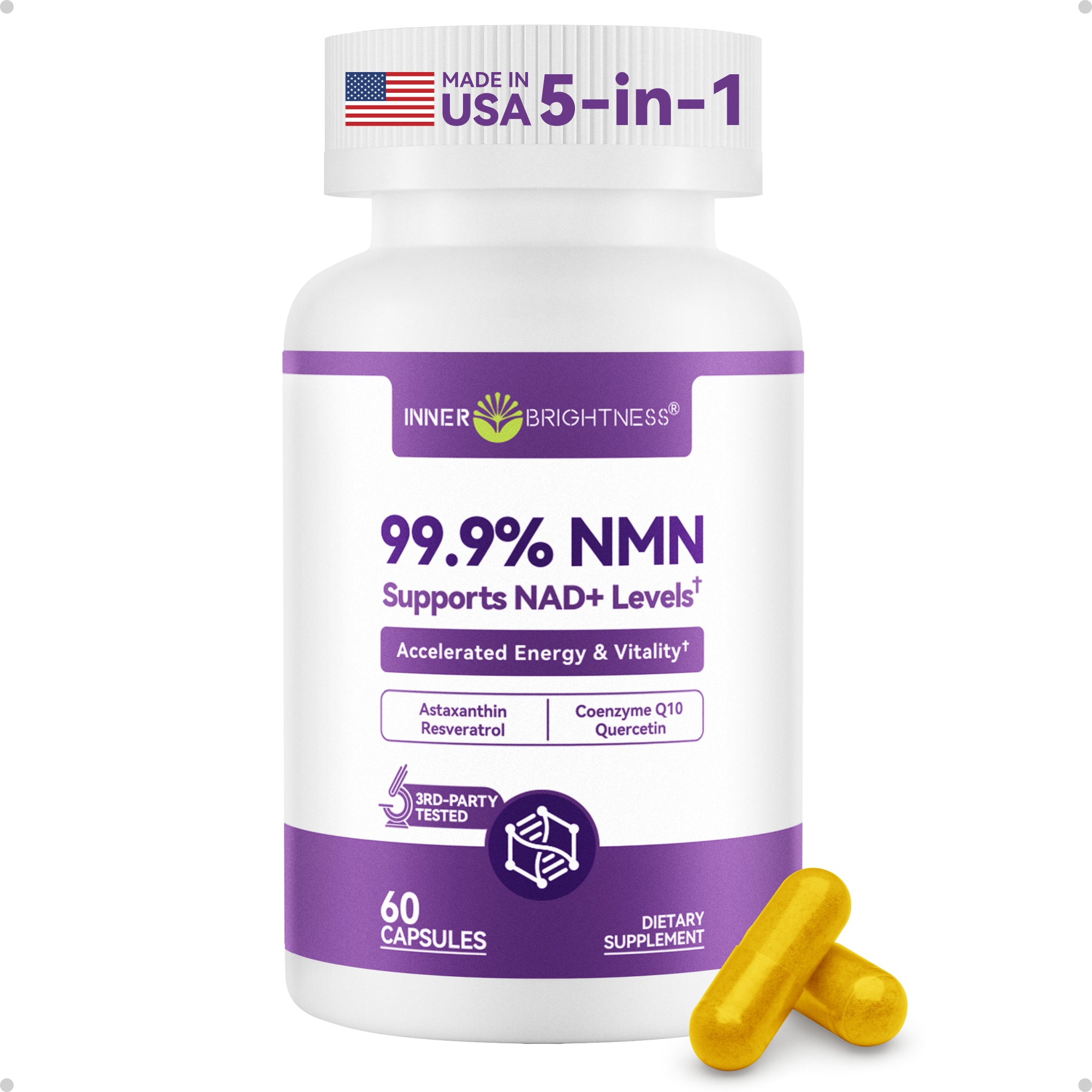 NMN Supplement 500mg, 99.9% High Purity, Supports NAD+ Levels & Cellular Energy, 5-in-1 Formula with Resveratrol & Astaxanthin, Non-GMO, Gluten-Free, 60 Capsules