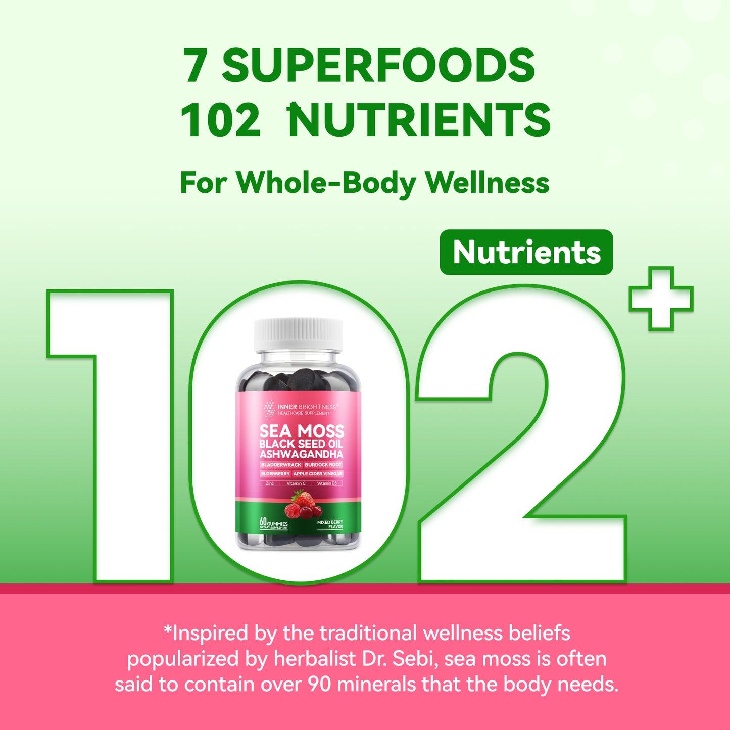 Sea Moss 4000mg Gummies with Ashwagandha，Mixed Berry Flavor – 60 Count