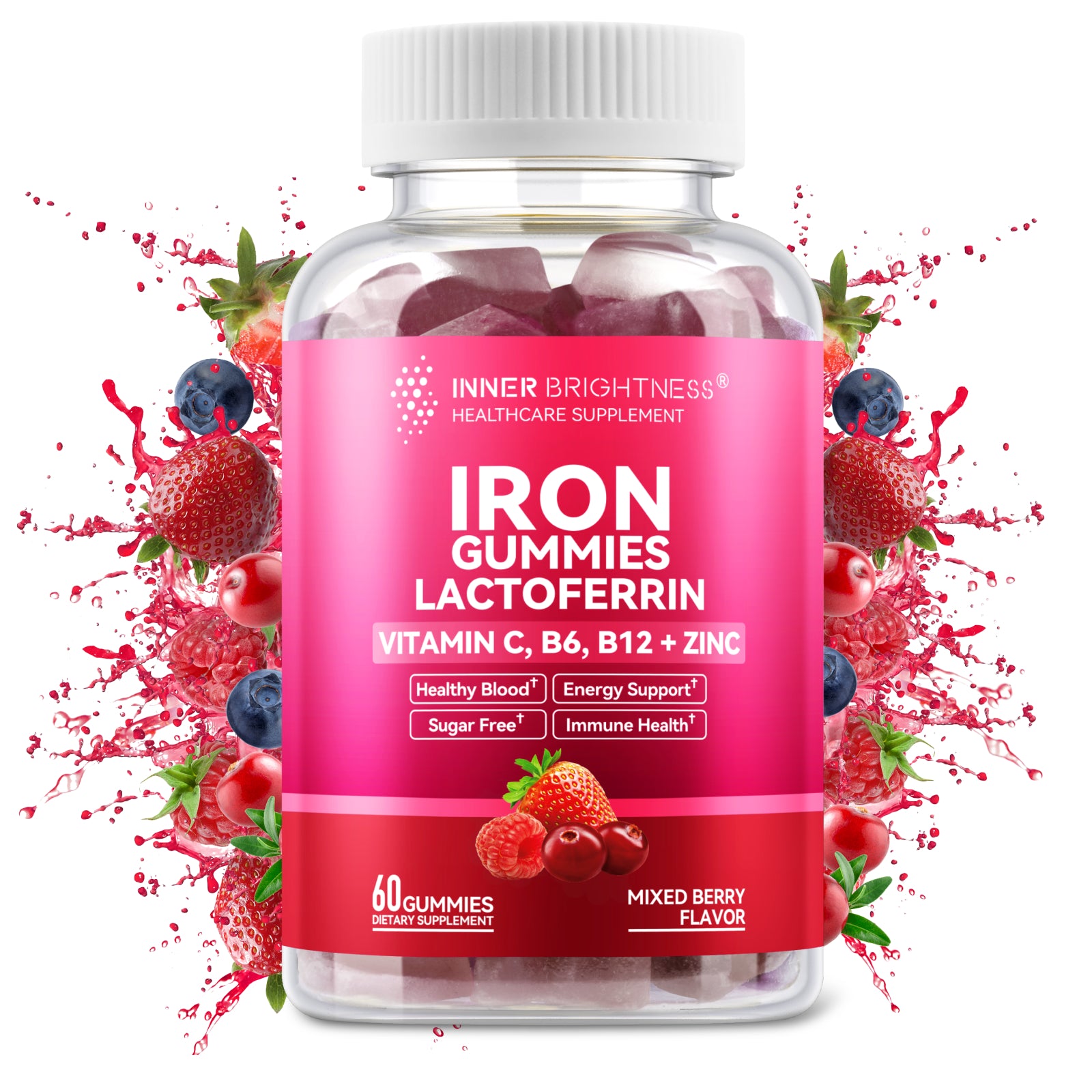 Iron Supplement Gummies with Lactoferrin, Vitamin C, B6, B12 & Zinc – Gentle, Vegan, Sugar-Free – Supports Healthy Blood, Immune Health & Energy – for Women, Men & Kids – Mixed Berry Flavor, 60 Count