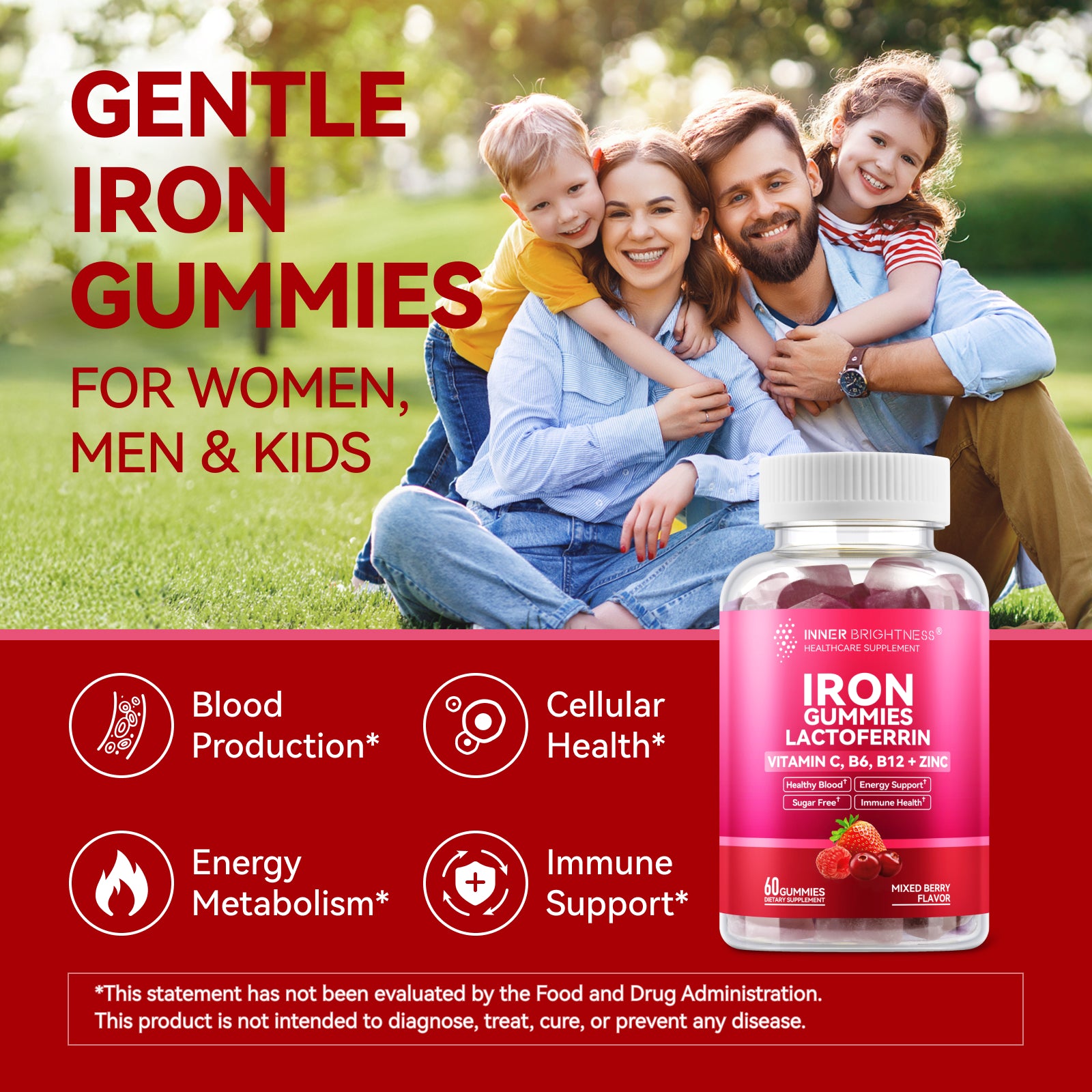 Iron Supplement Gummies with Lactoferrin, Vitamin C, B6, B12 & Zinc – Gentle, Vegan, Sugar-Free – Supports Healthy Blood, Immune Health & Energy – for Women, Men & Kids – Mixed Berry Flavor, 60 Count