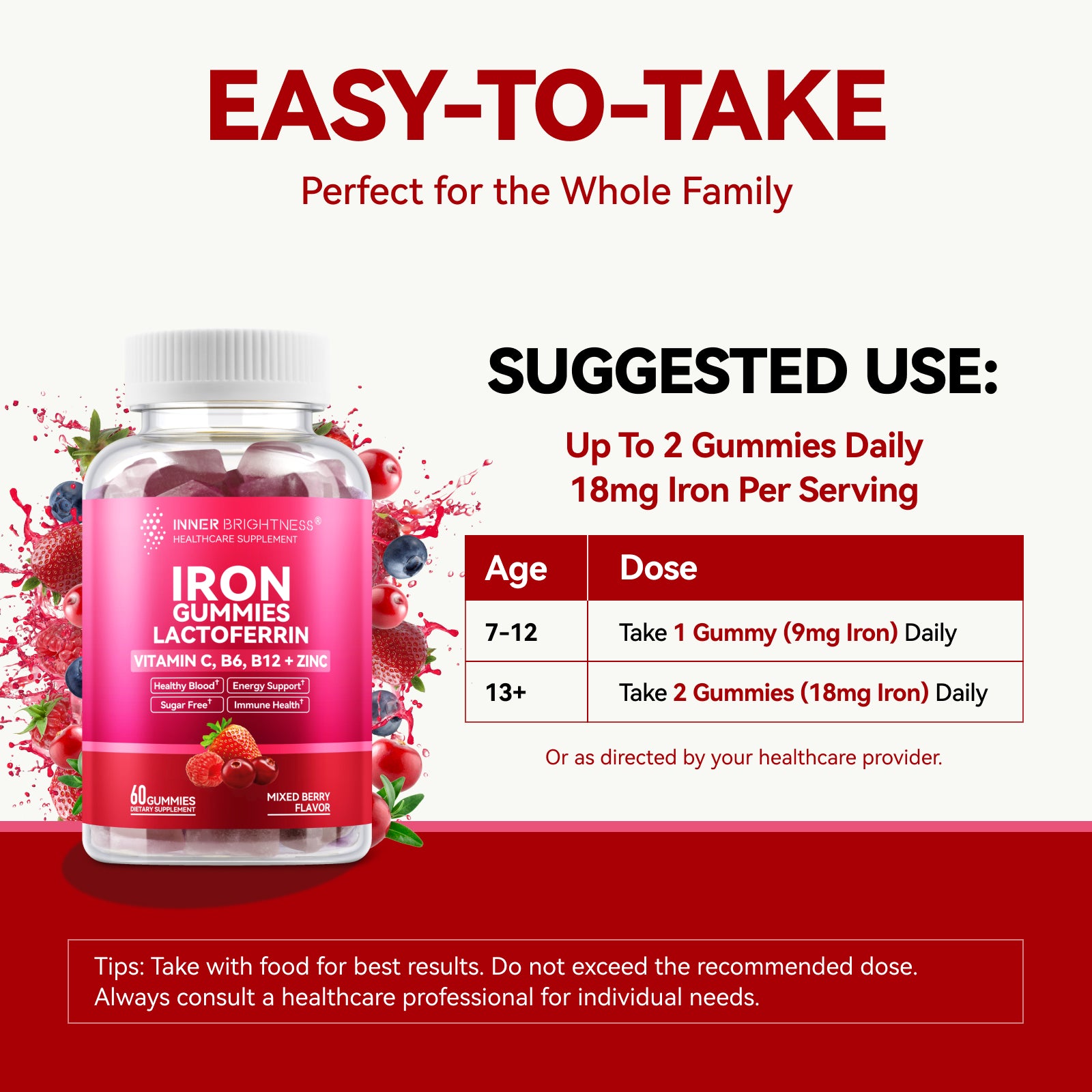 Iron Supplement Gummies with Lactoferrin, Vitamin C, B6, B12 & Zinc – Gentle, Vegan, Sugar-Free – Supports Healthy Blood, Immune Health & Energy – for Women, Men & Kids – Mixed Berry Flavor, 60 Count