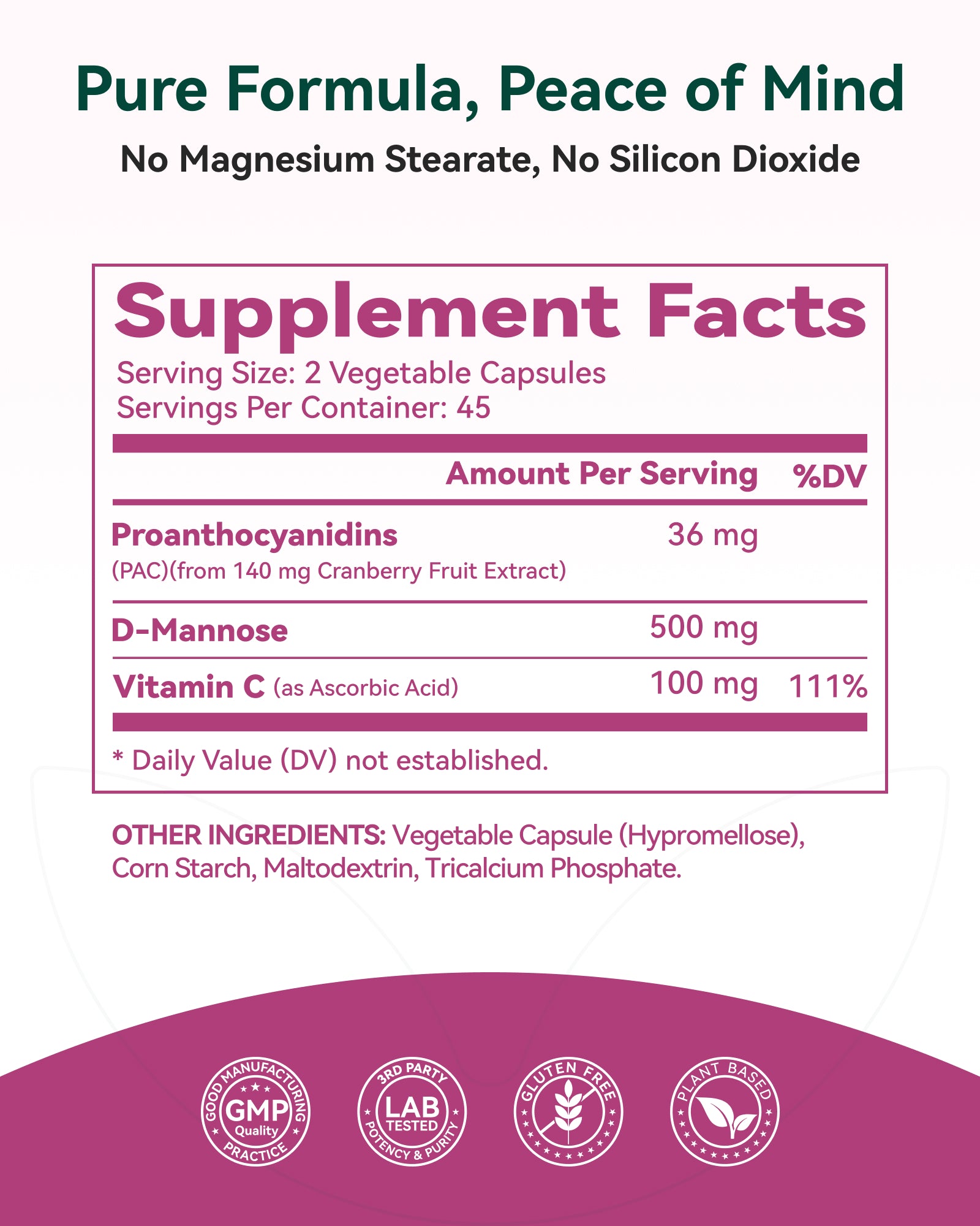 Cranberry Supplement 36 mg PAC with D-Mannose & Vitamin C, Cranberry Pills for Women, Cranberry Capsules, 3-in-1 Daily Urinary Tract Support, Soluble A-Type PACs, Vegan, Gluten-Free, 90 Capsules