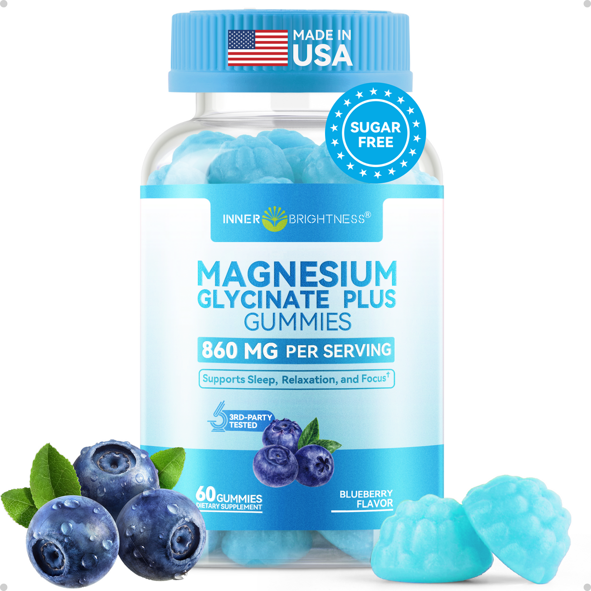 Magnesium Glycinate Complex Gummies 860mg Sugar-Free Melatonin-Free - High Absorption Chewable Sleep, Calm & Muscle Support with Bisglycinate Taurate Citrate, Gentle on Stomach, for Adults & Kids 4+, Blueberry Flavor, 60 Count