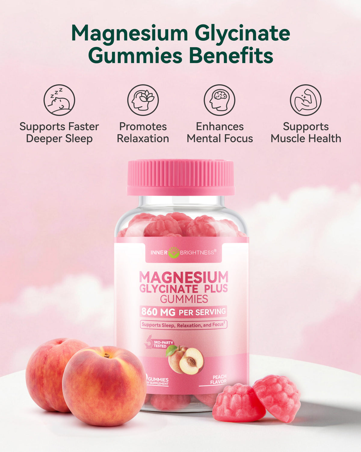 Magnesium Glycinate Complex Gummies 860mg Sugar-Free - Chewable Calm & Sleep Support with Magnesium Taurate & Citrate, Relaxation Supplement for Adults & Kids 4+, Peach Flavor, 60 Count