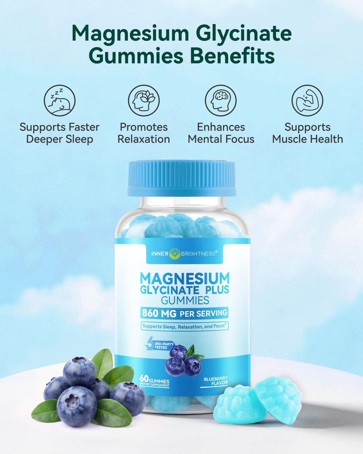 Magnesium Glycinate Complex Gummies 860mg Sugar-Free Melatonin-Free - High Absorption Chewable Sleep, Calm & Muscle Support with Bisglycinate Taurate Citrate, Gentle on Stomach, for Adults & Kids 4+, Blueberry Flavor, 60 Count