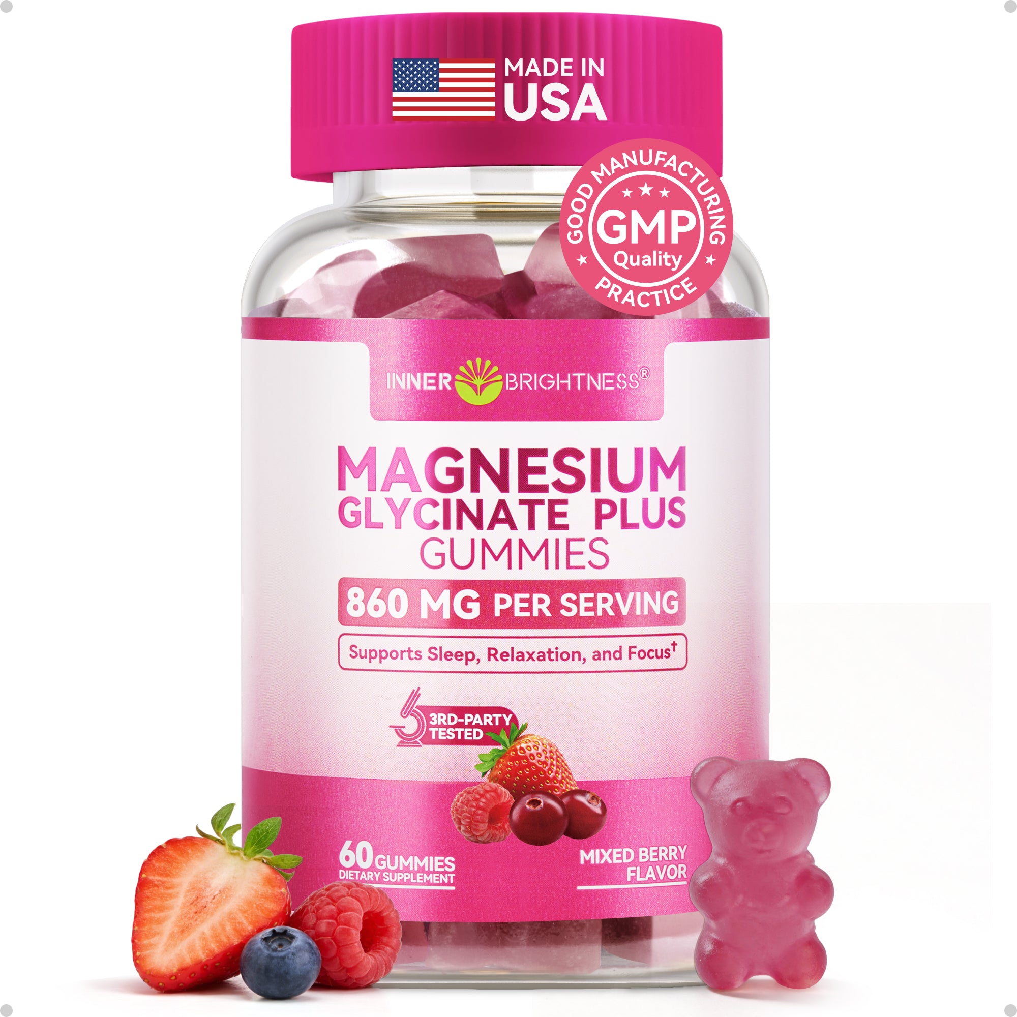 Magnesium Glycinate Plus Gummies 860mg, Sugar-Free, Non-GMO, Gluten-Free, Magnesium Gummies for Adults & Kids, Sleep, Relaxation & Focus, Magnesium Supplement for Women, Mixed Berry Flavor, 60 Count