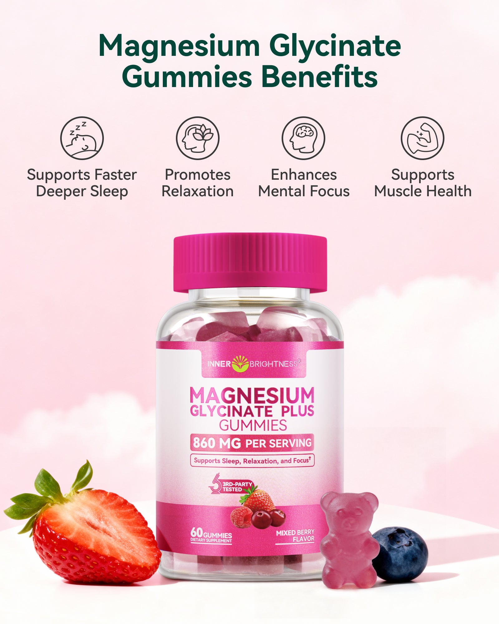 Magnesium Glycinate Plus Gummies 860mg, Sugar-Free, Non-GMO, Gluten-Free, Magnesium Gummies for Adults & Kids, Sleep, Relaxation & Focus, Magnesium Supplement for Women, Mixed Berry Flavor, 60 Count