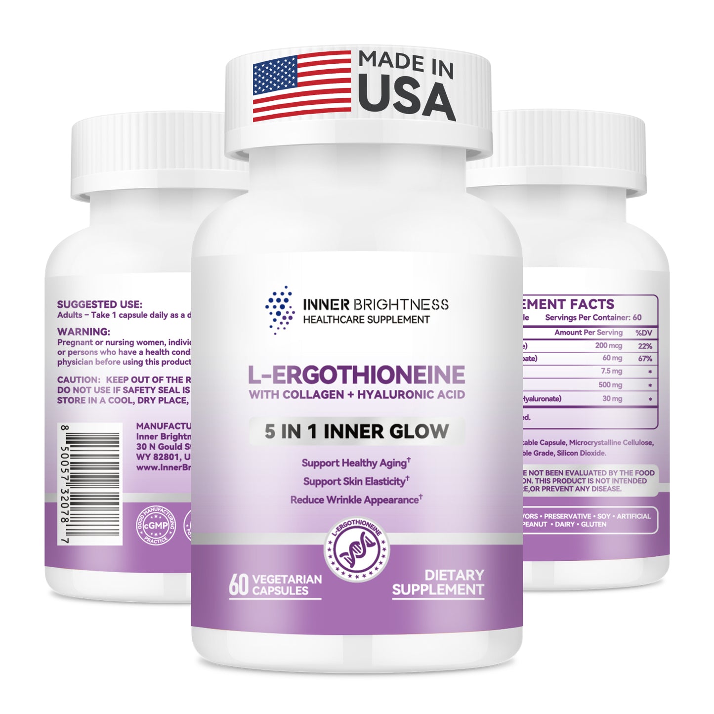 L-Ergothioneine Supplements with Hyaluronic Acid & Collagen for Women, 60ct