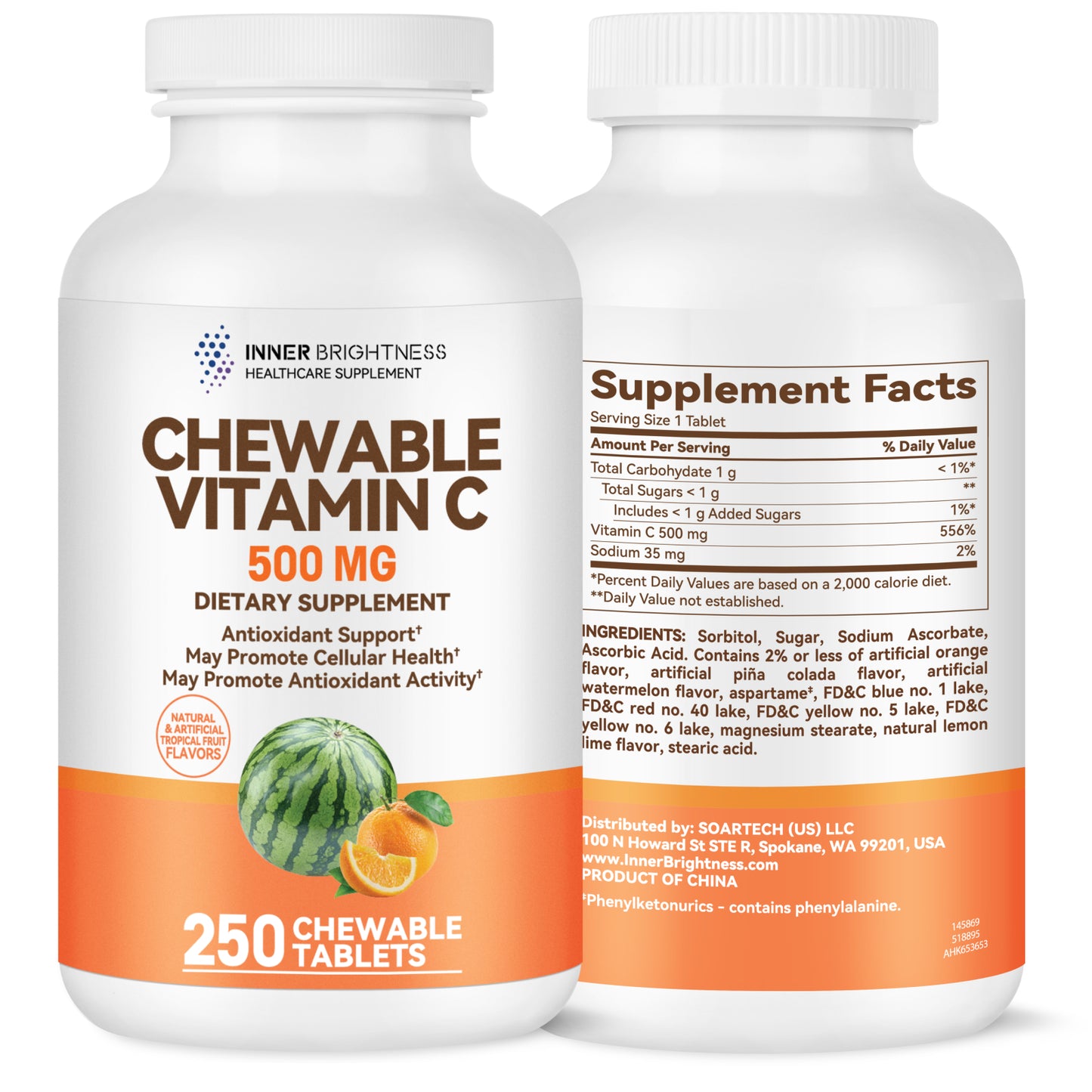 Vitamin C 500 mg Chewable, Dietary Supplement for Immune Support, 250 Tablets