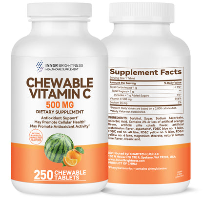 Vitamin C 500 mg Chewable, Dietary Supplement for Immune Support, 250 Tablets