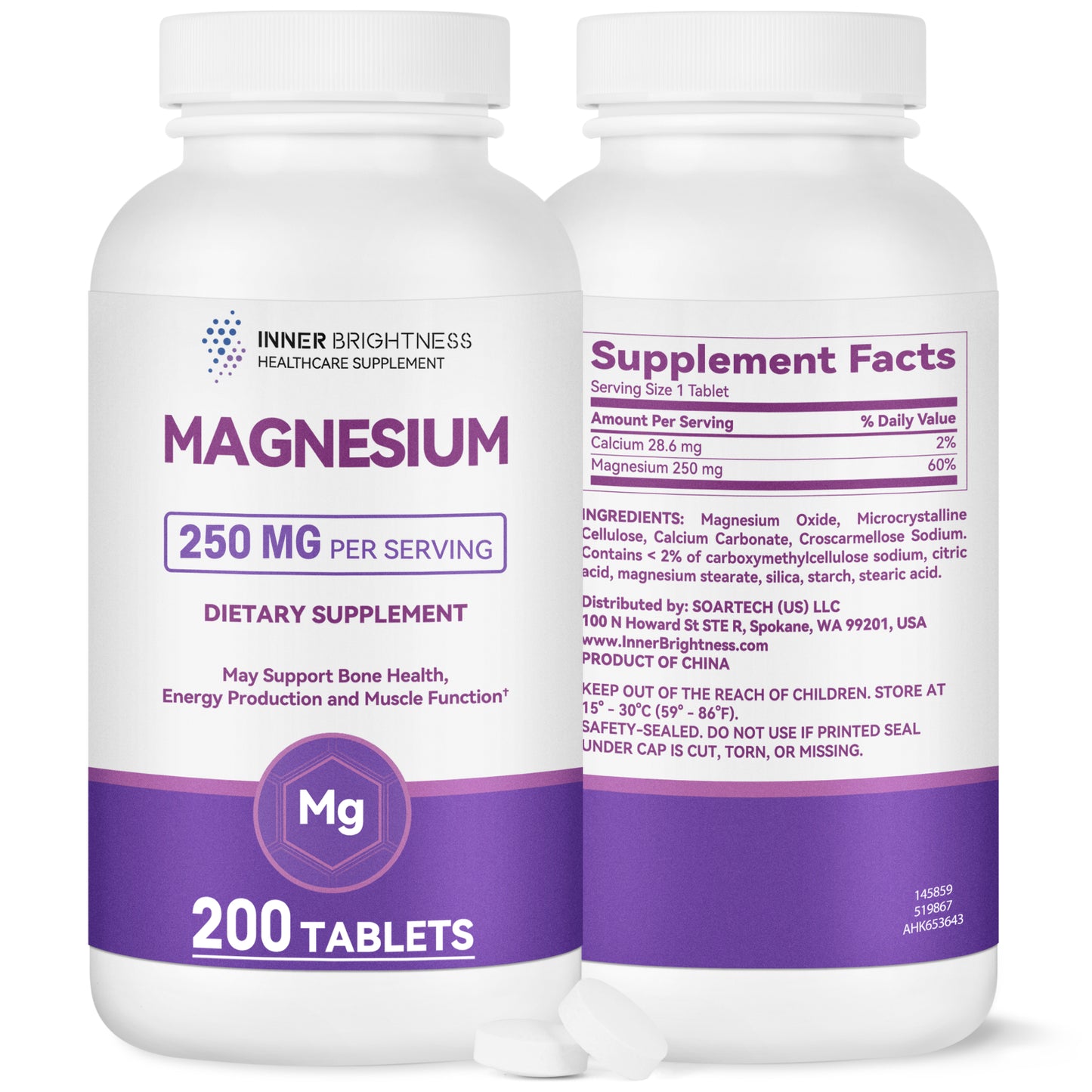 Pure Magnesium 250mg Supplement with Calcium – 200 Tablets