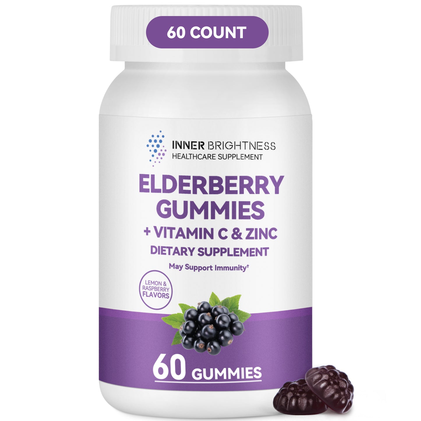 Elderberry Gummies, each containing 50 mg of extract, lemon-raspberry flavor, 60 Count