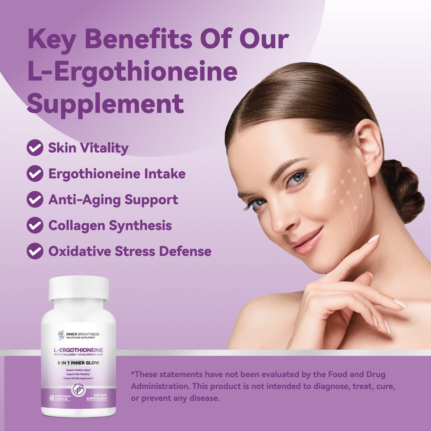 L-Ergothioneine Supplements with Hyaluronic Acid & Collagen for Women, 60ct