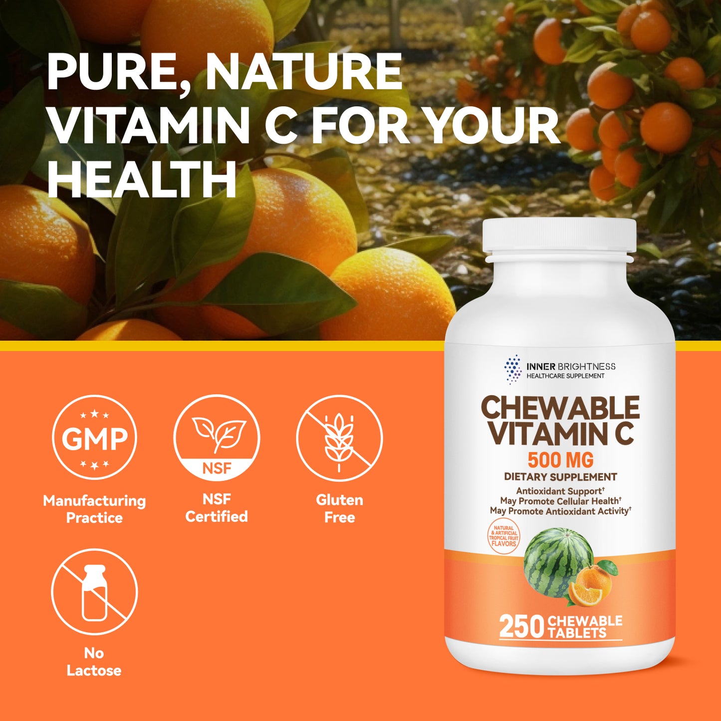 Vitamin C 500 mg Chewable, Dietary Supplement for Immune Support, 250 Tablets